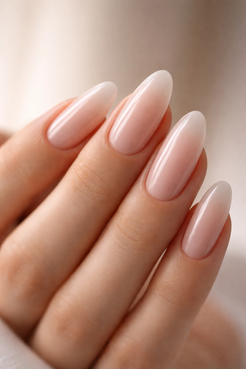 Close-up of milky pink long oval nails with sheer base and glossy finish
