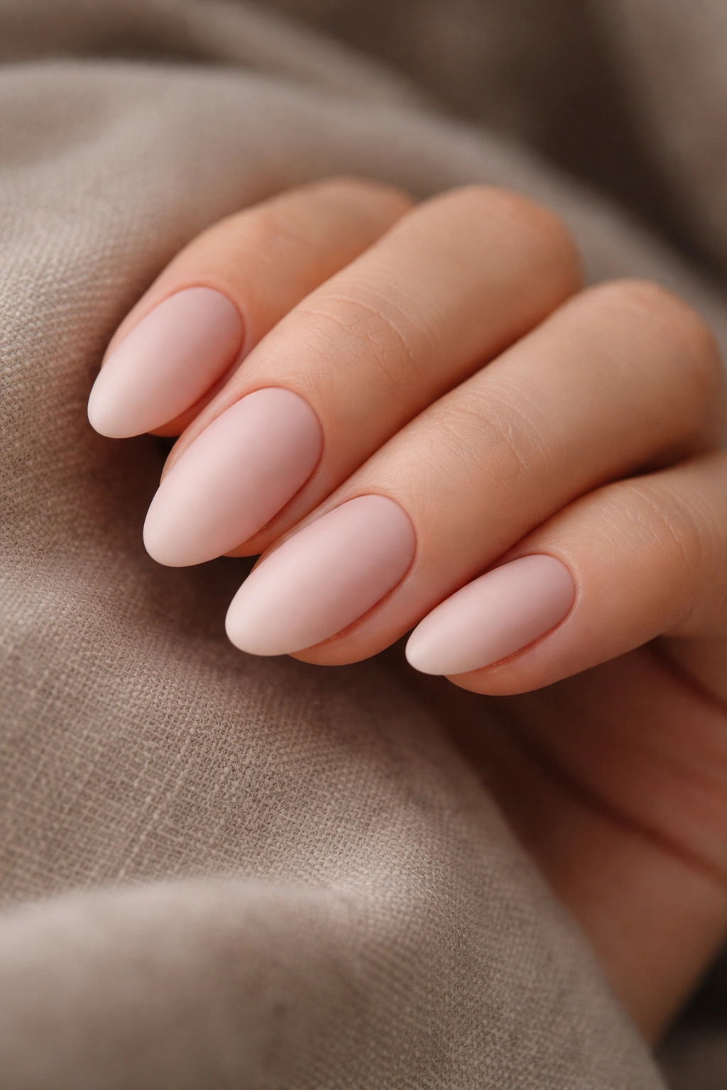 Close-up of baby milky pink almond nails with a matte velvet finish