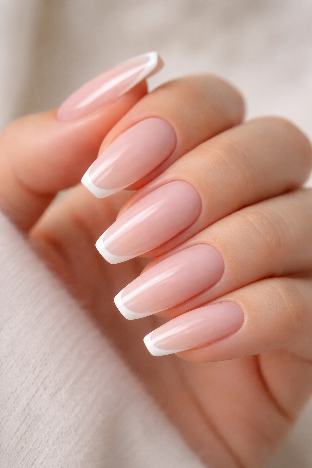 Milky pink nails with a thin white micro-French on tapered ballerina tips