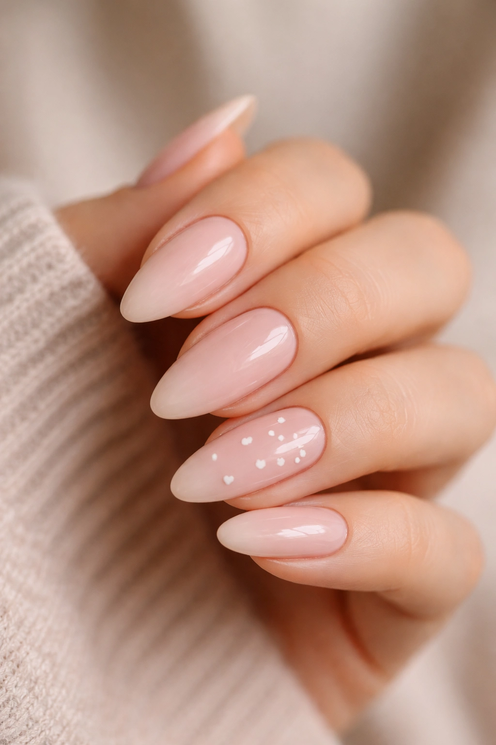 Close-up of milky pink almond nails with micro hearts