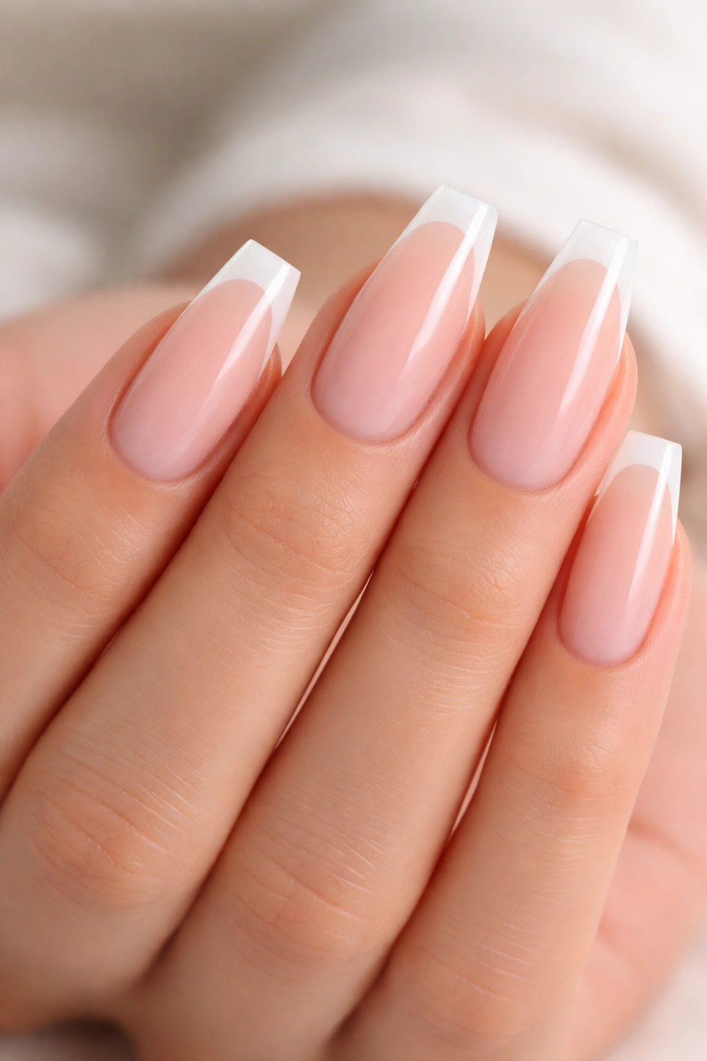 Close-up of milky pink ballerina nails with 0.5-1 mm white micro tips, glossy finish