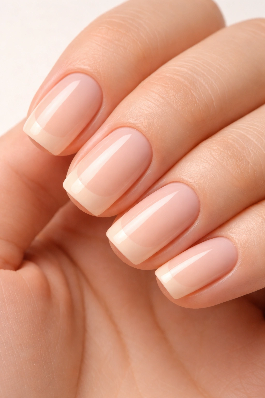 Close-up of milky pink base nails with nude tip