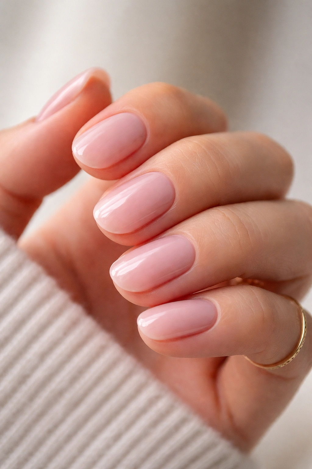 Close-up of milky pink short oval nails with a glossy finish
