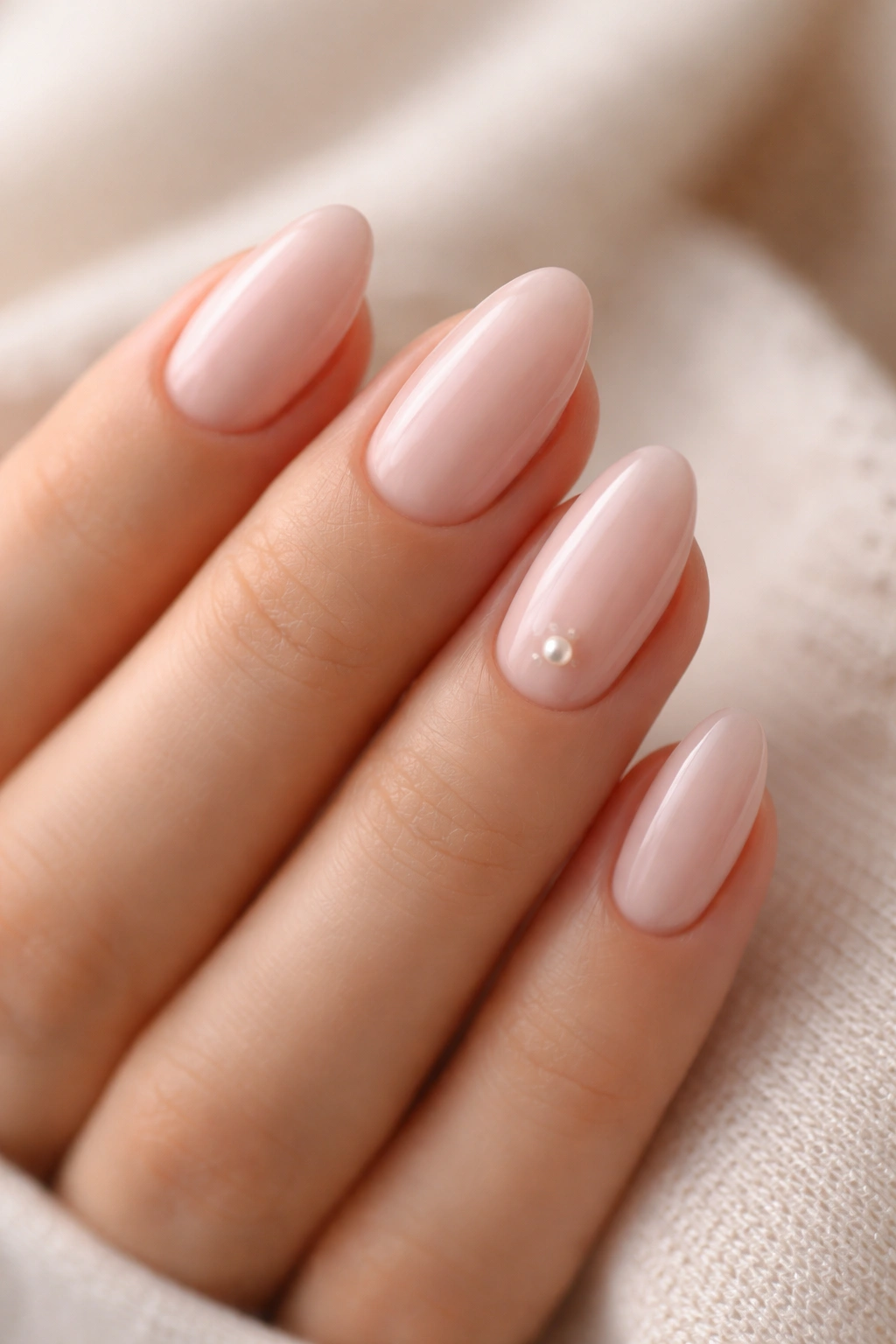 Close-up of milky pink almond nails with tiny pearl accents on ring finger