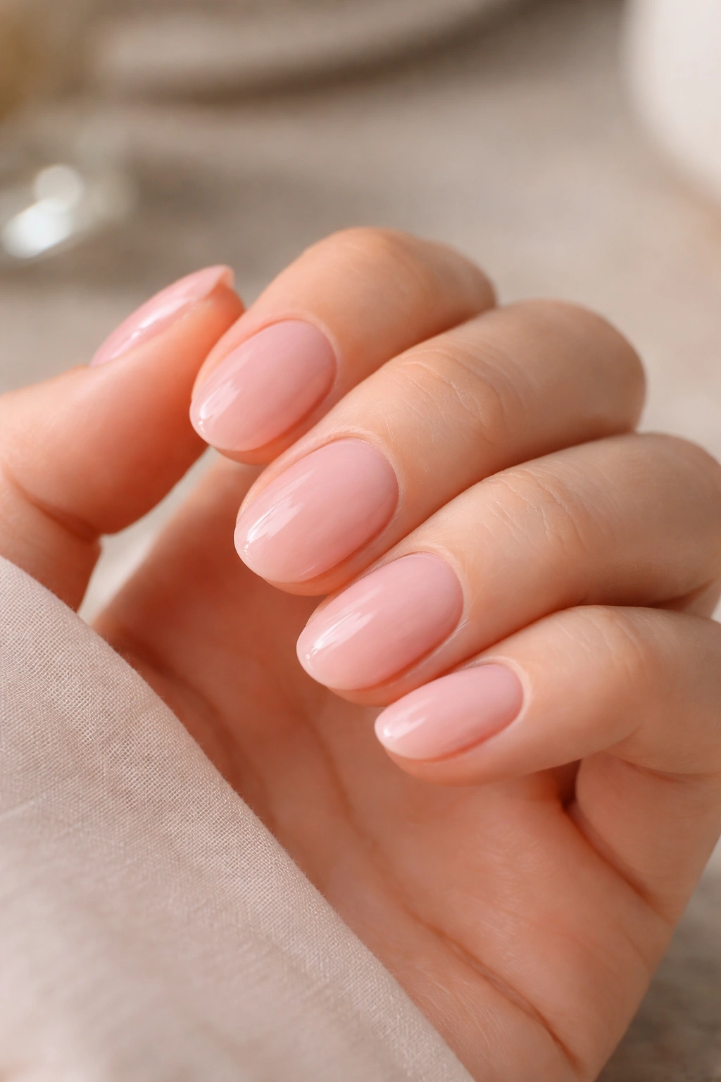 Close-up of short oval polygel nails in milky sheer pink with glossy finish