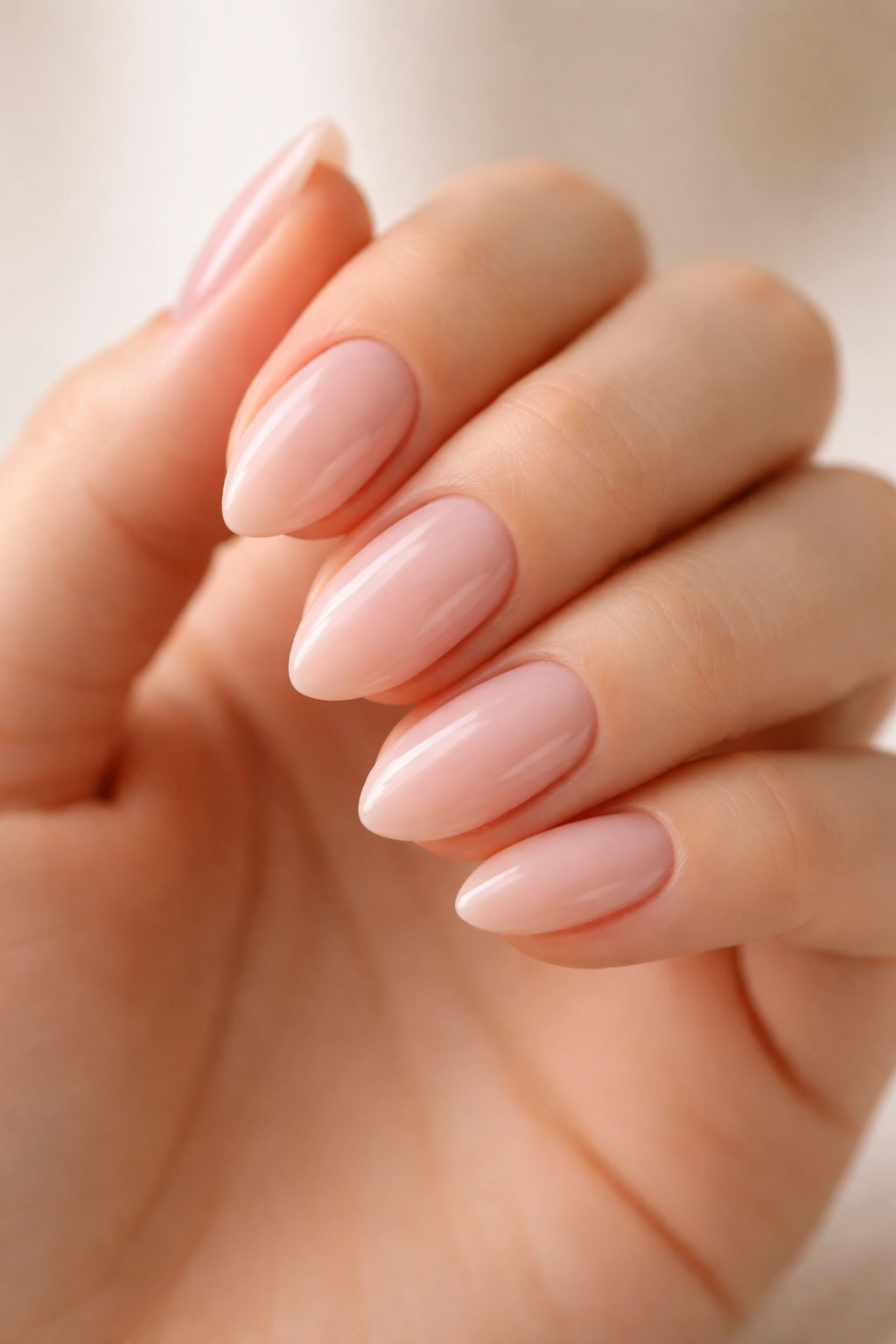 Close-up of milky pink short almond nails with a clean glossy salon finish