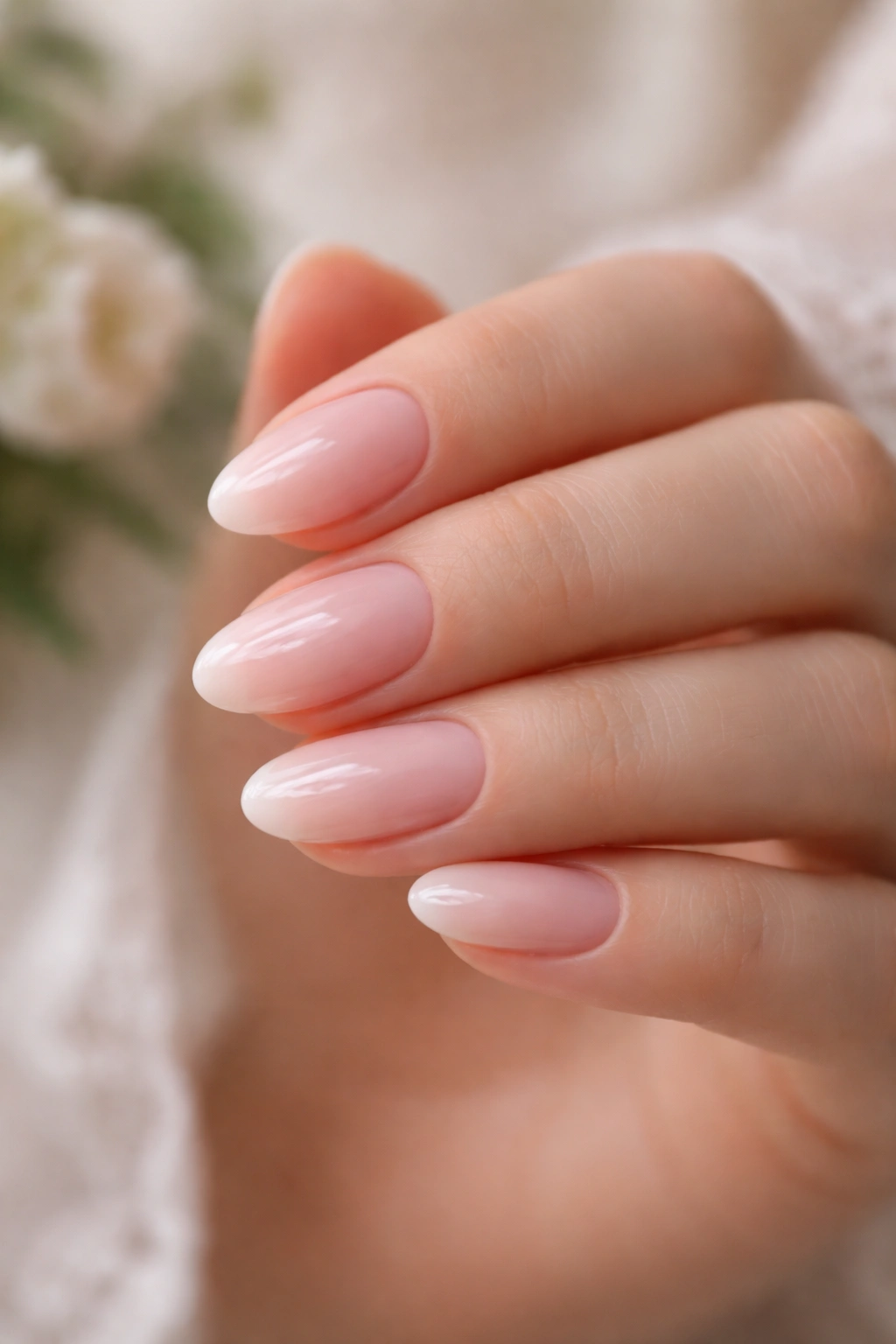Close-up of short almond nails in sheer milky pink with opal glow