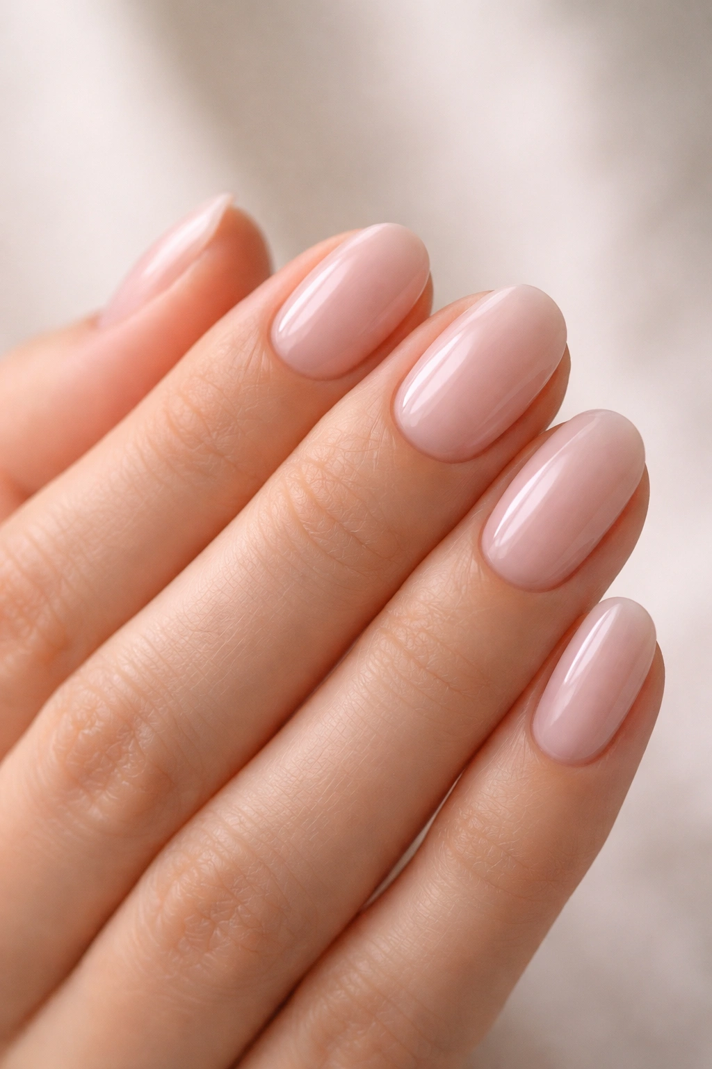 Close-up of short oval nails in sheer milky pink bridal manicure