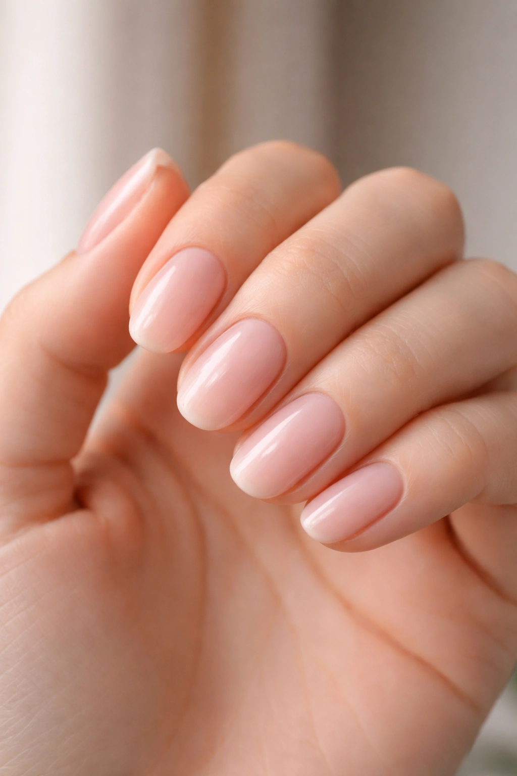 Close-up of short oval nails with sheer milky pink gel extensions and high-gloss finish