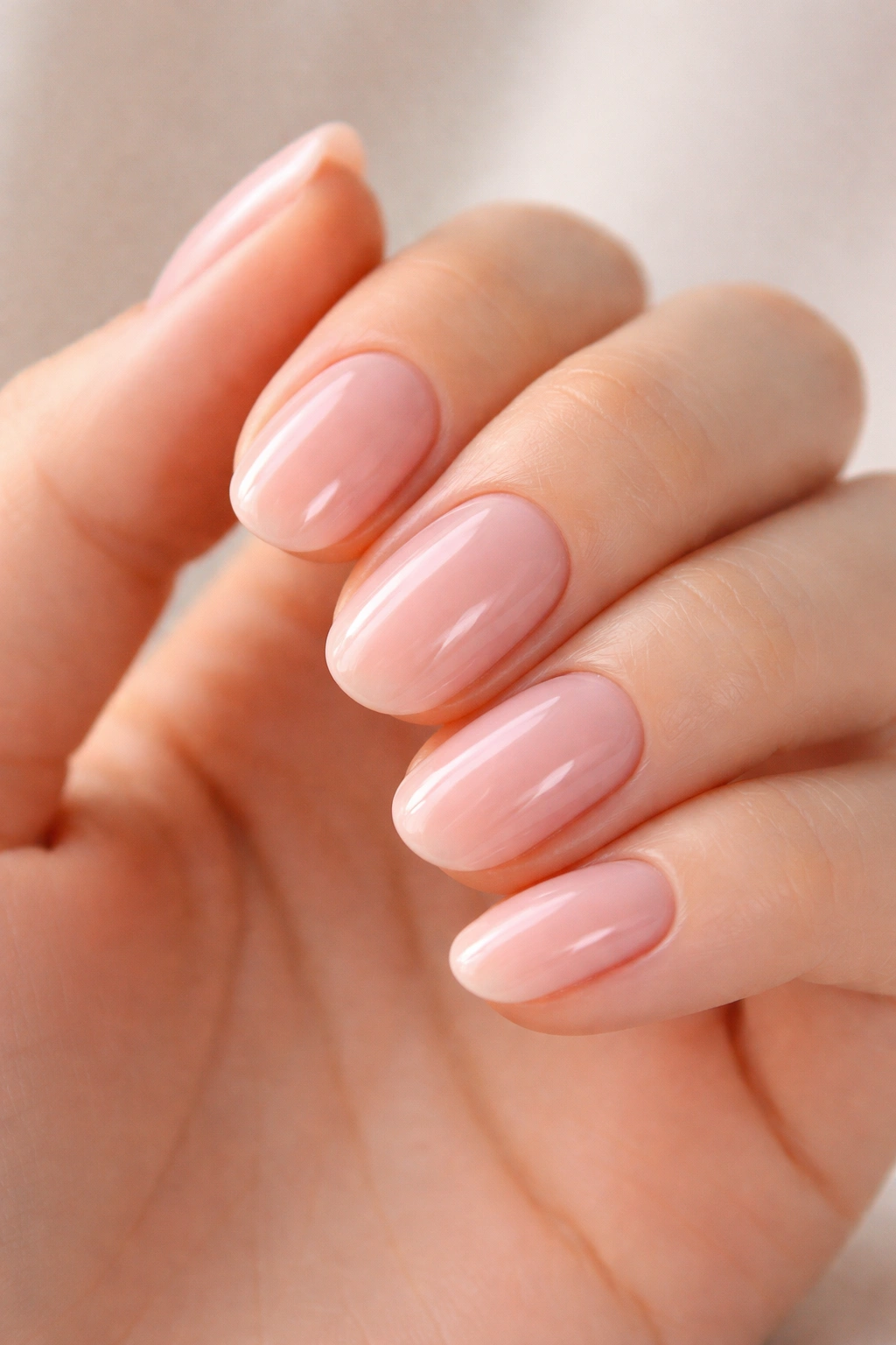 Close-up of milky pink gel on short oval nails with a high-gloss finish