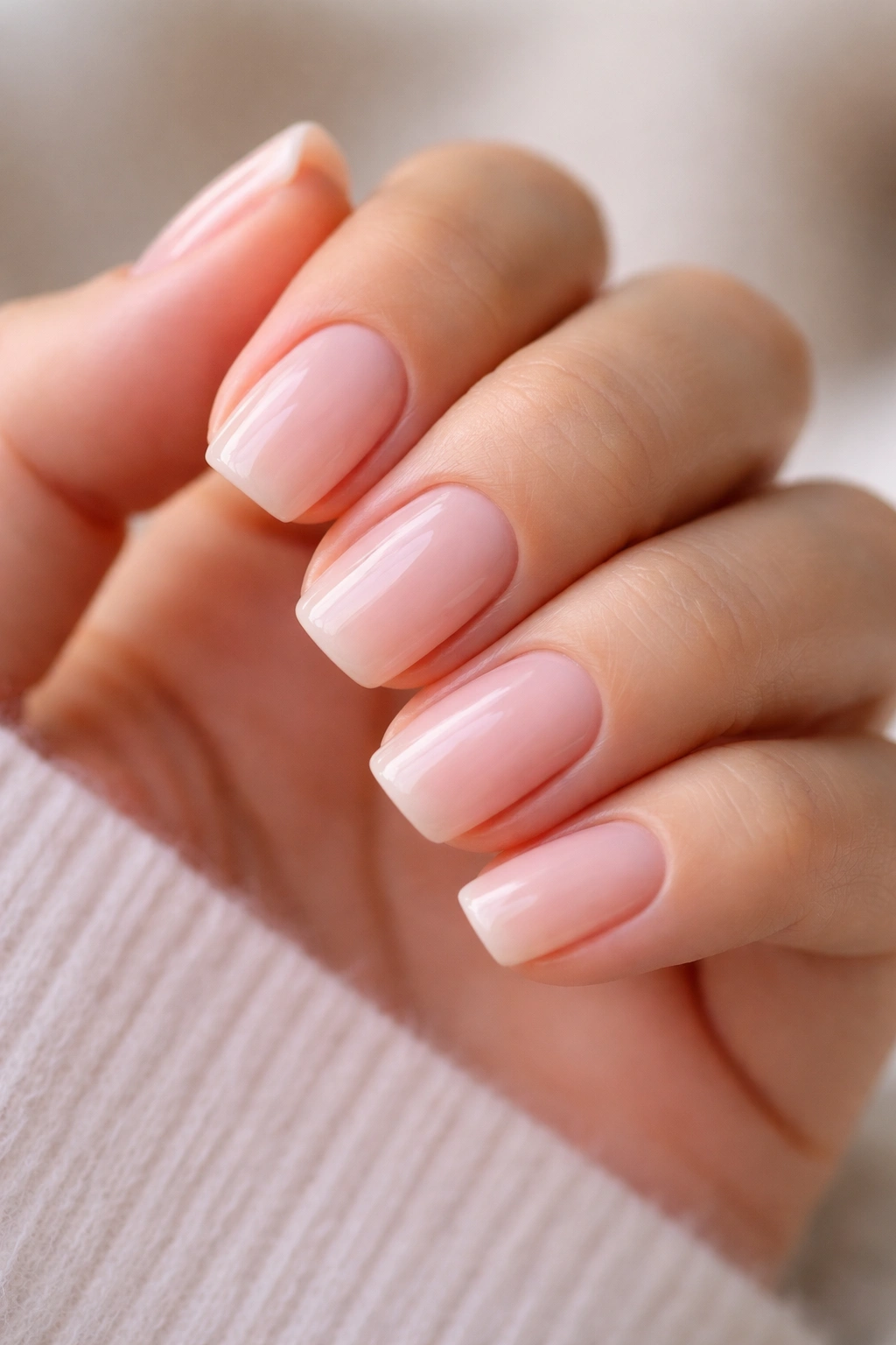 Close-up of milky pink square-oval nails on a hand with a glossy finish