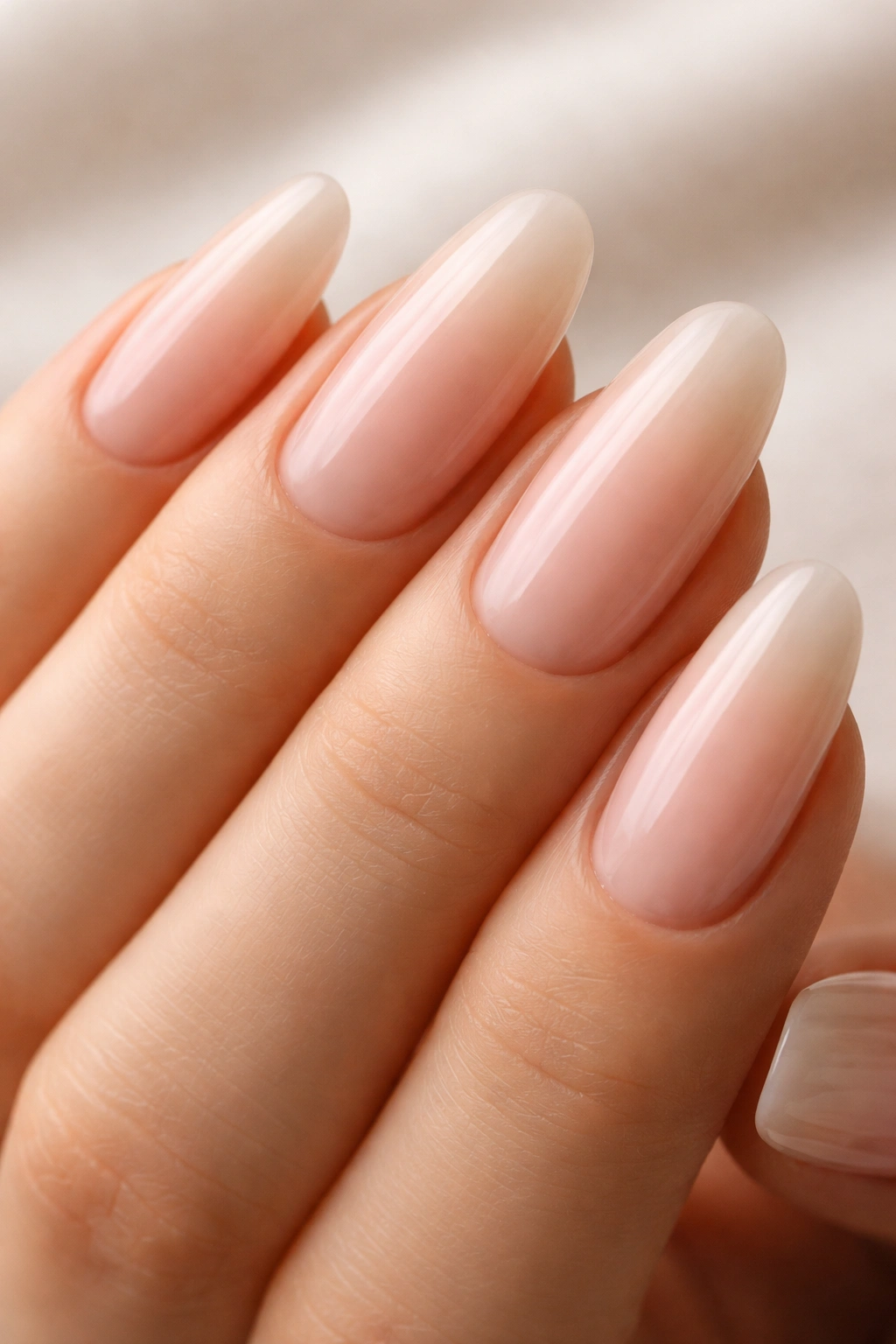 Close-up of milky pink long round nails with subtle tip opacity on a neutral background