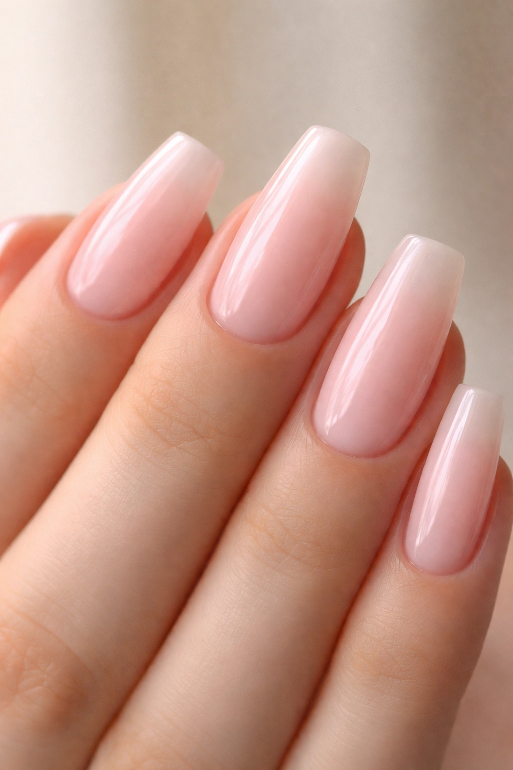 Milky pink nails with a glassy top coat on medium-length ballerina nails