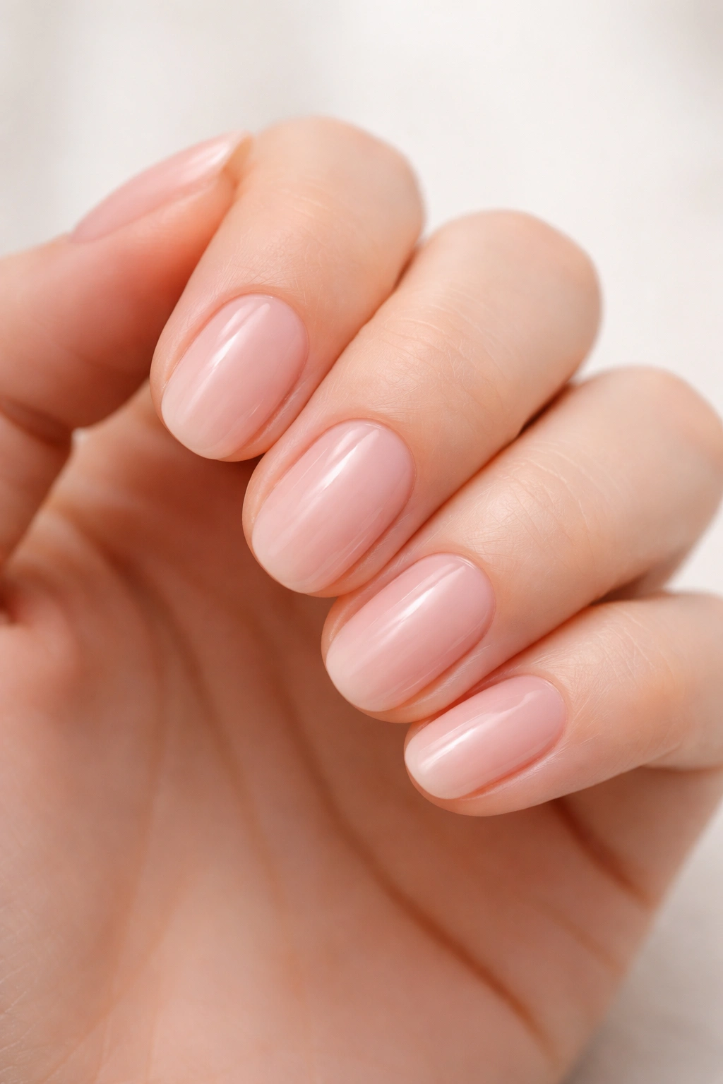 Milky pink nails with a barely-there translucence on short oval nails