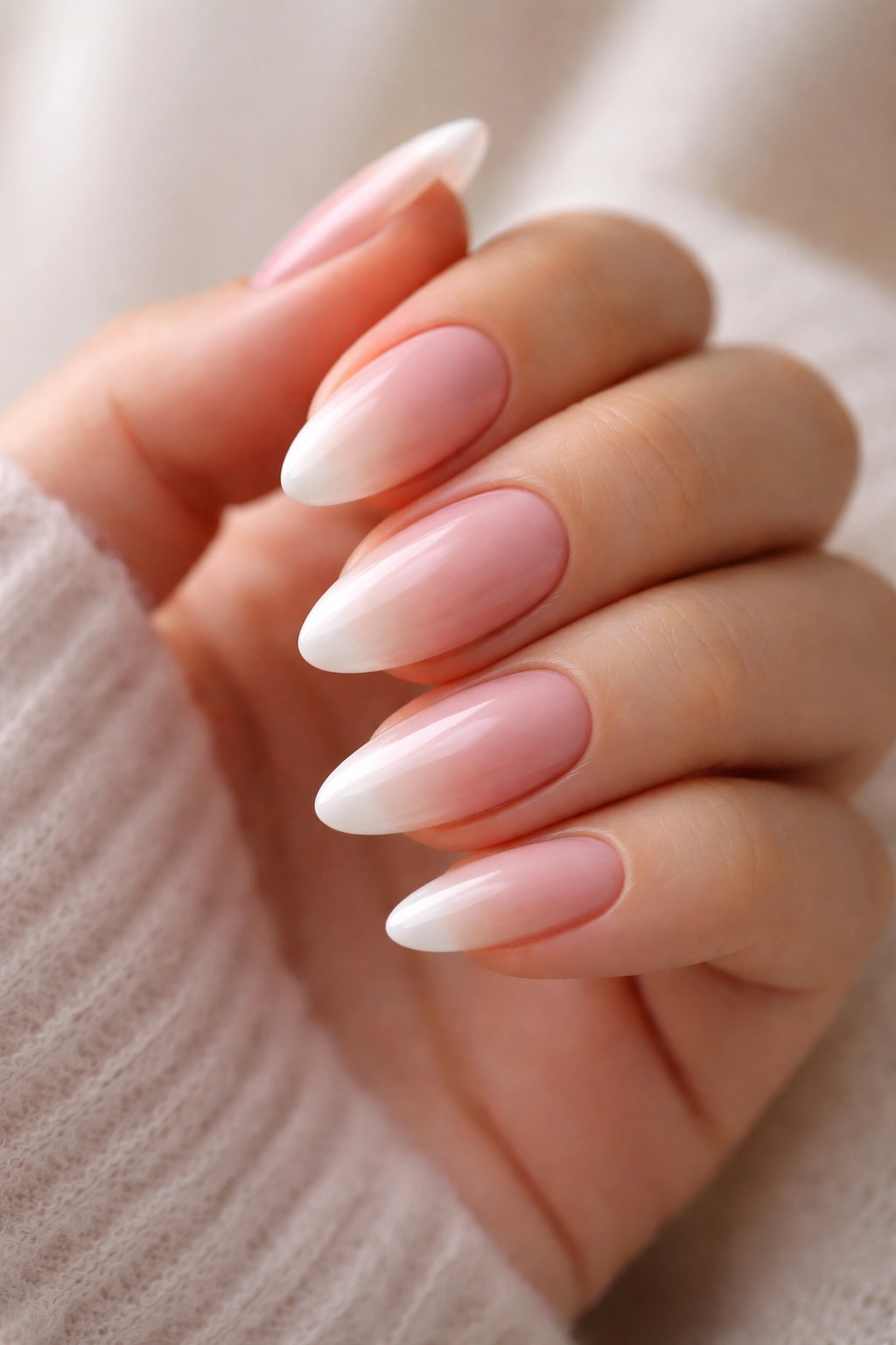 Close-up of milky pink ombre almond nails