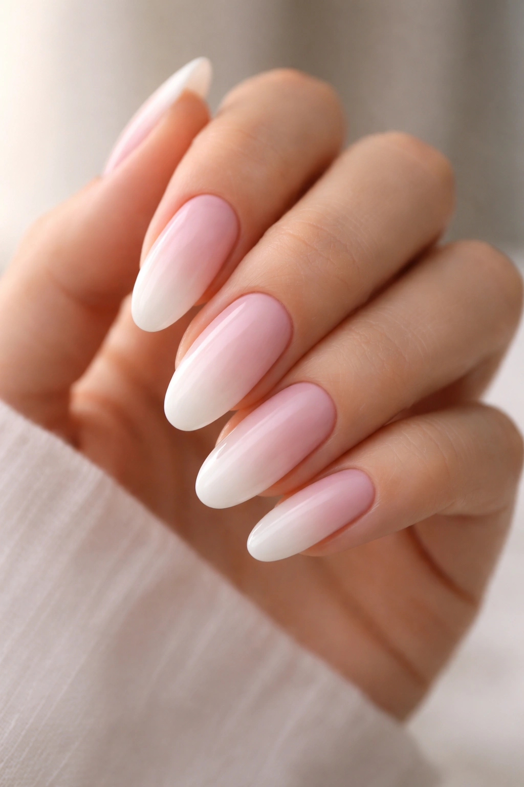 Close-up of long oval nails with milky pink to sheer white gradient