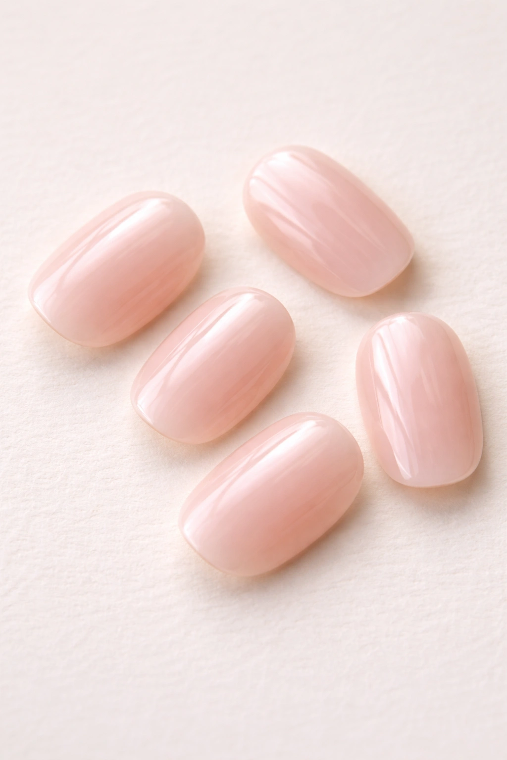 Close-up of five milky pink short oval press-on nails on a neutral surface