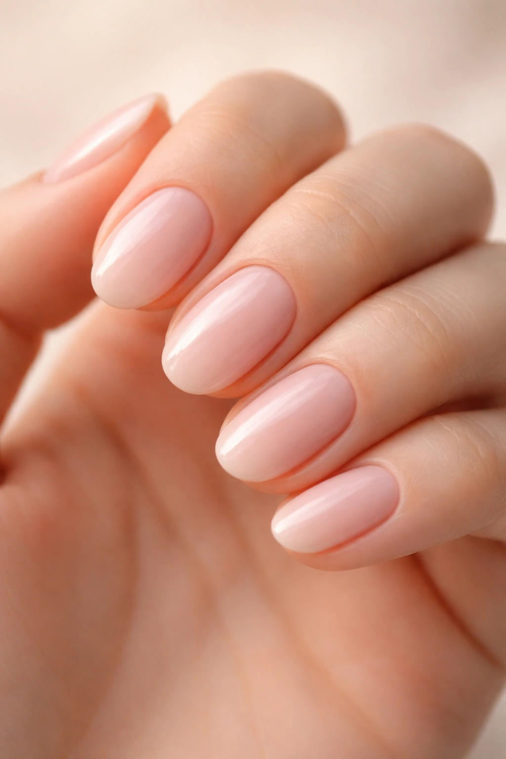 Close-up of short milky pink oval nails with a glossy finish