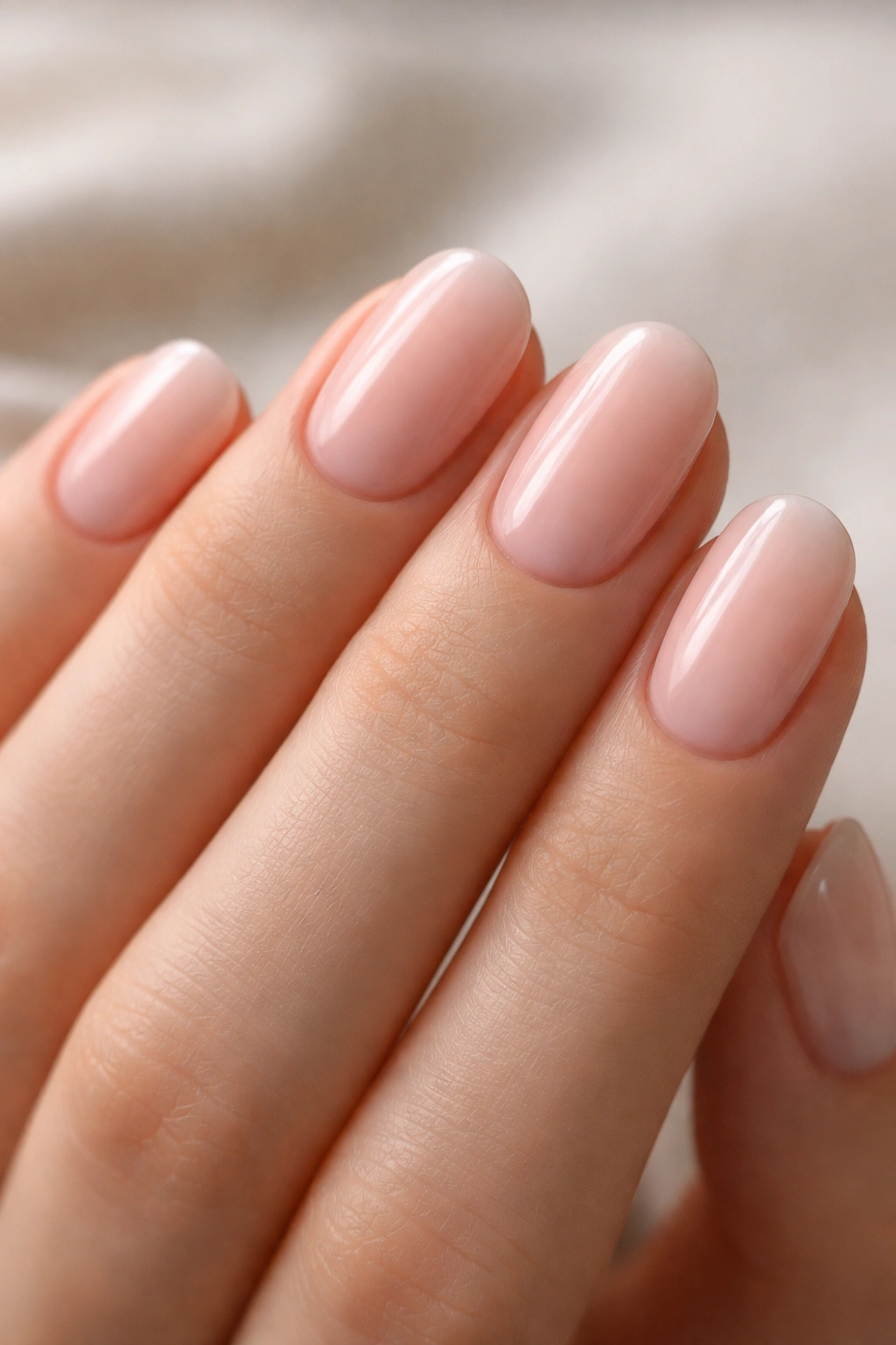 Close-up of short oval nails with pale milky pink overlay and high gloss
