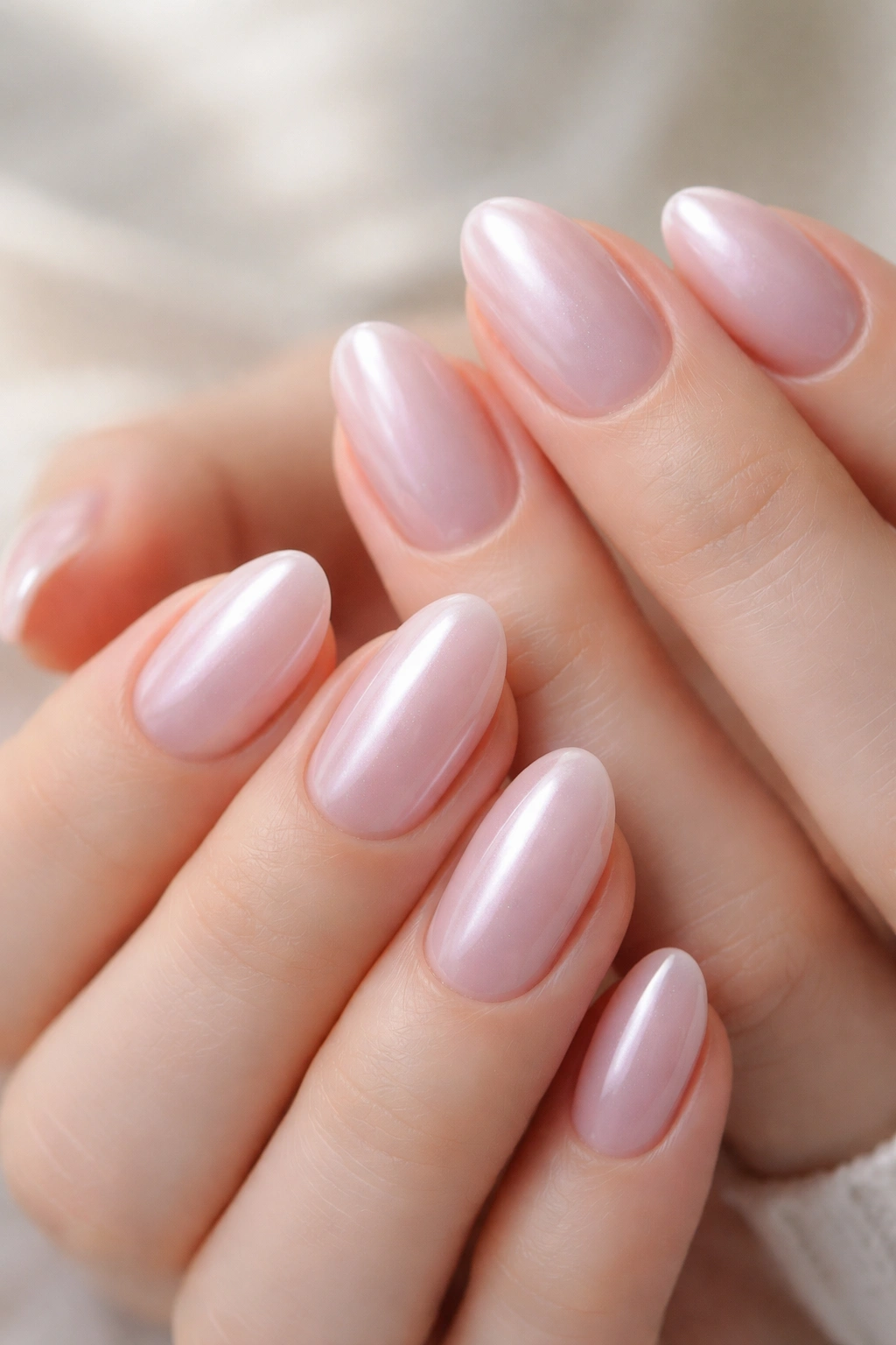 Close-up of short almond nails with milky pink pearl chrome