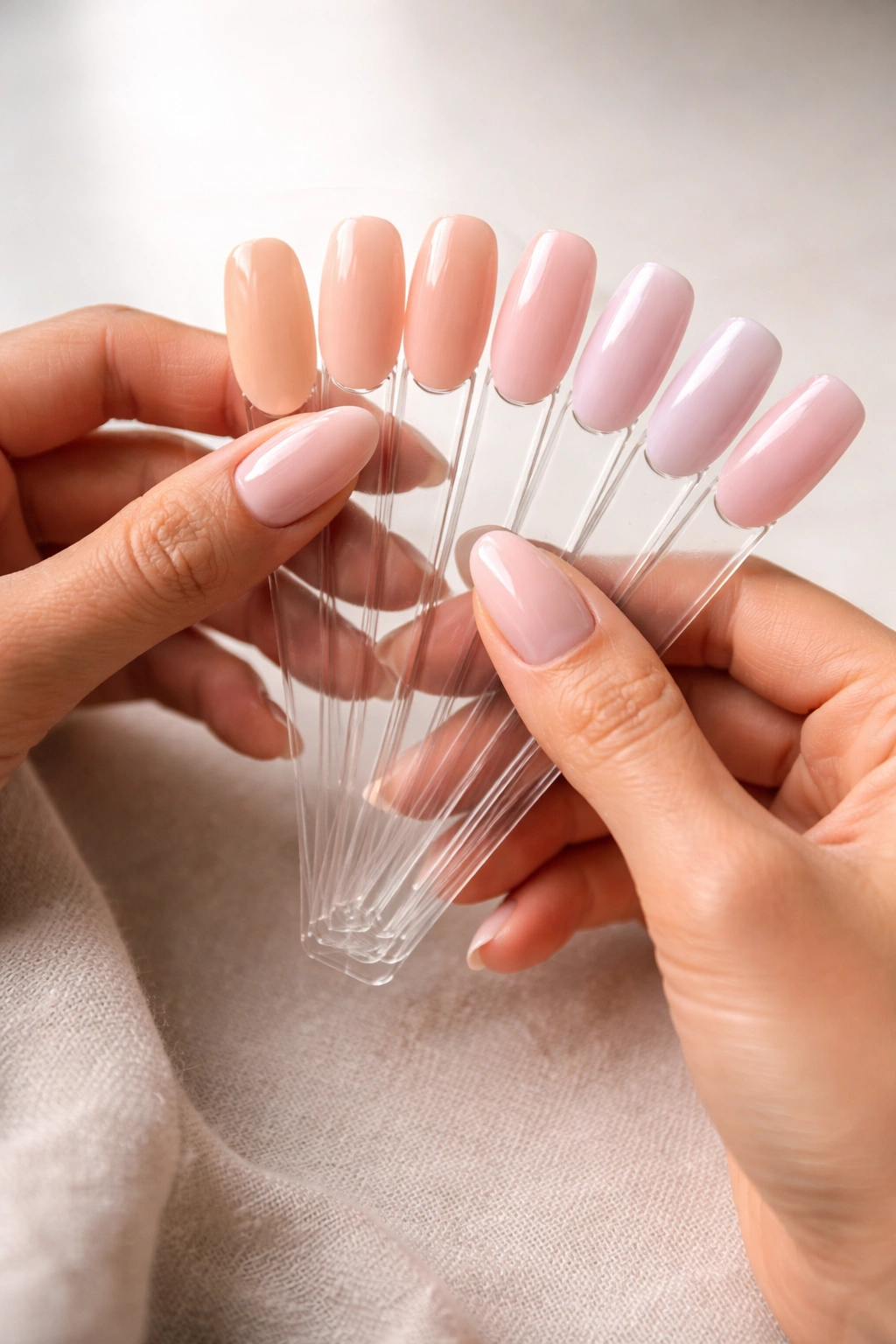 Hand holding milky pink polish swatches showing warm and cool tones