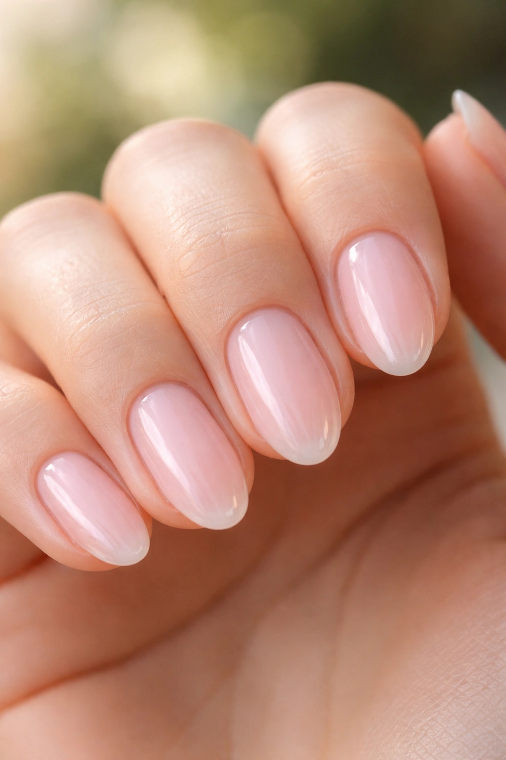 Close-up of short almond nails with soft milky pink and translucent edges