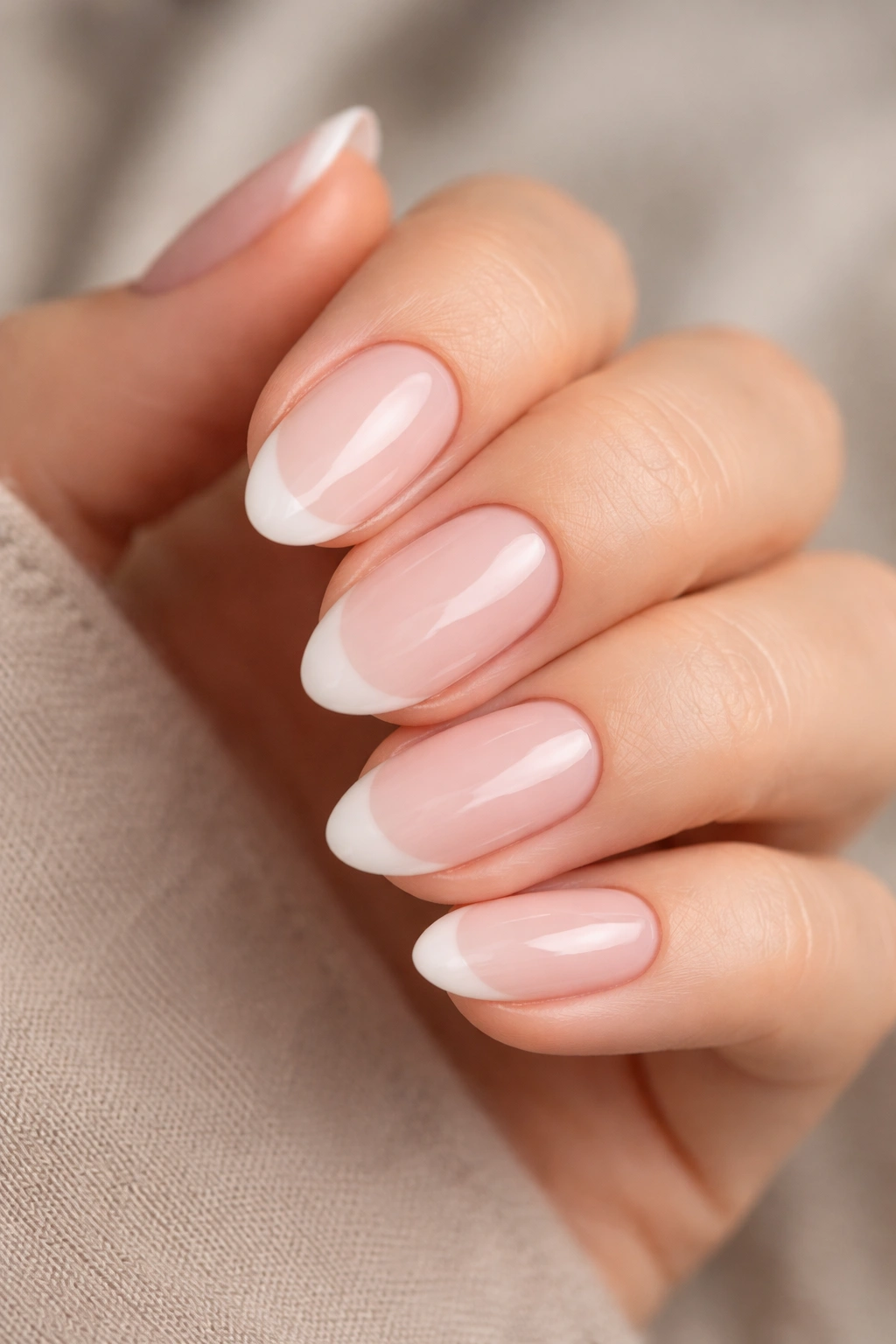 Close-up of short almond nails with milky pink base and soft white tips