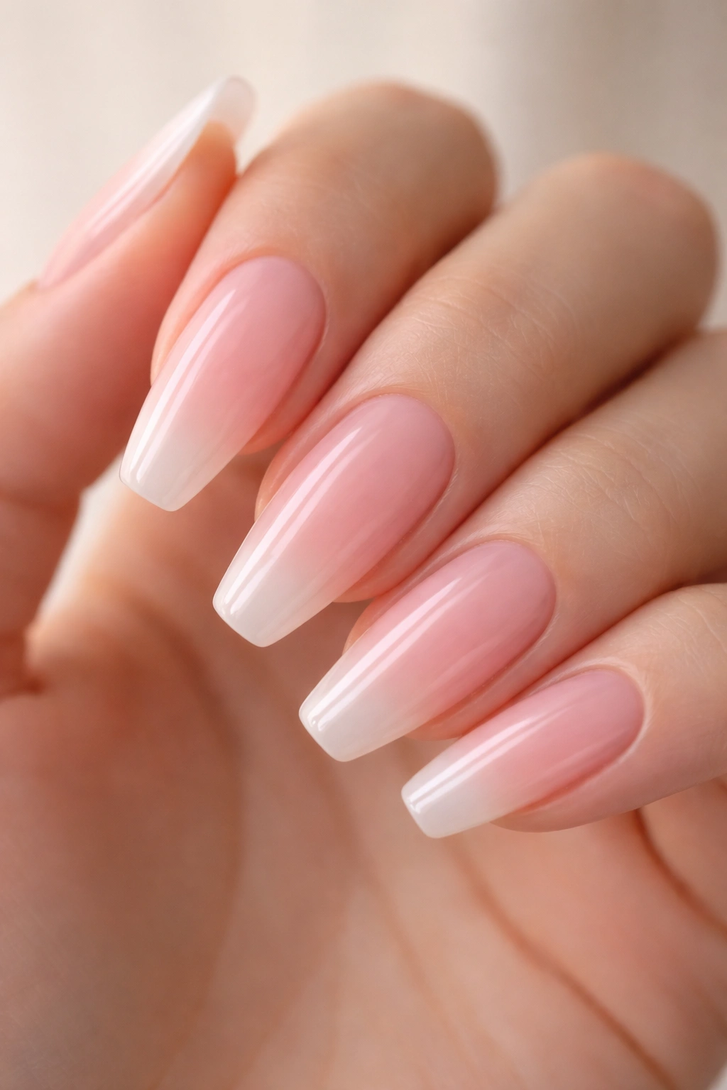 Milky pink syrup fade nails with translucent base and milky tip