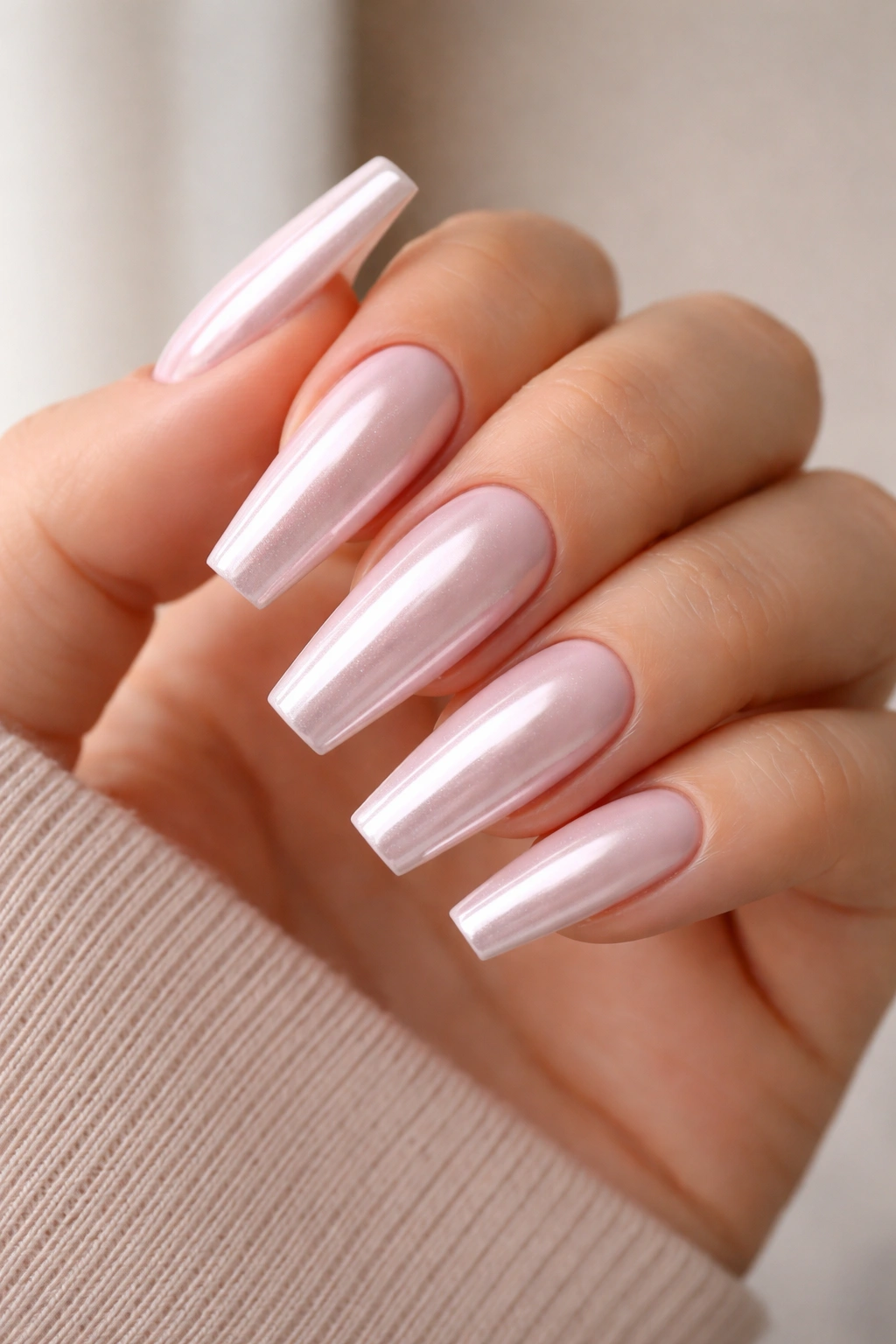Milky rose chrome nails with tapered tips on ballerina shape