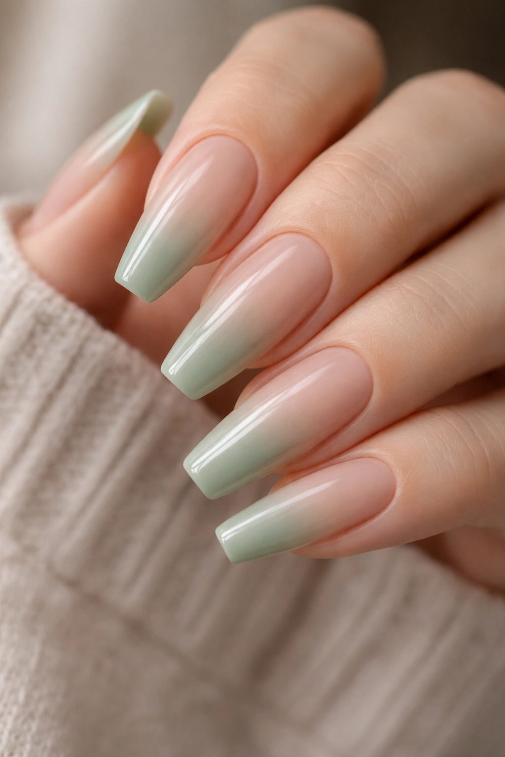 Milky sage ombre on ballerina nails fading from nude to green
