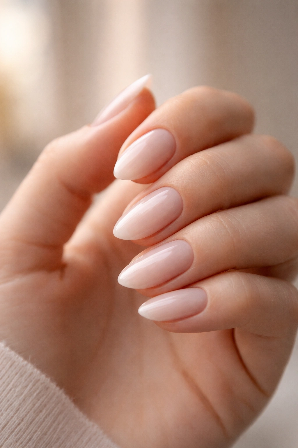 Close-up of milky sheer almond nails on short nails with translucent white-pink polish