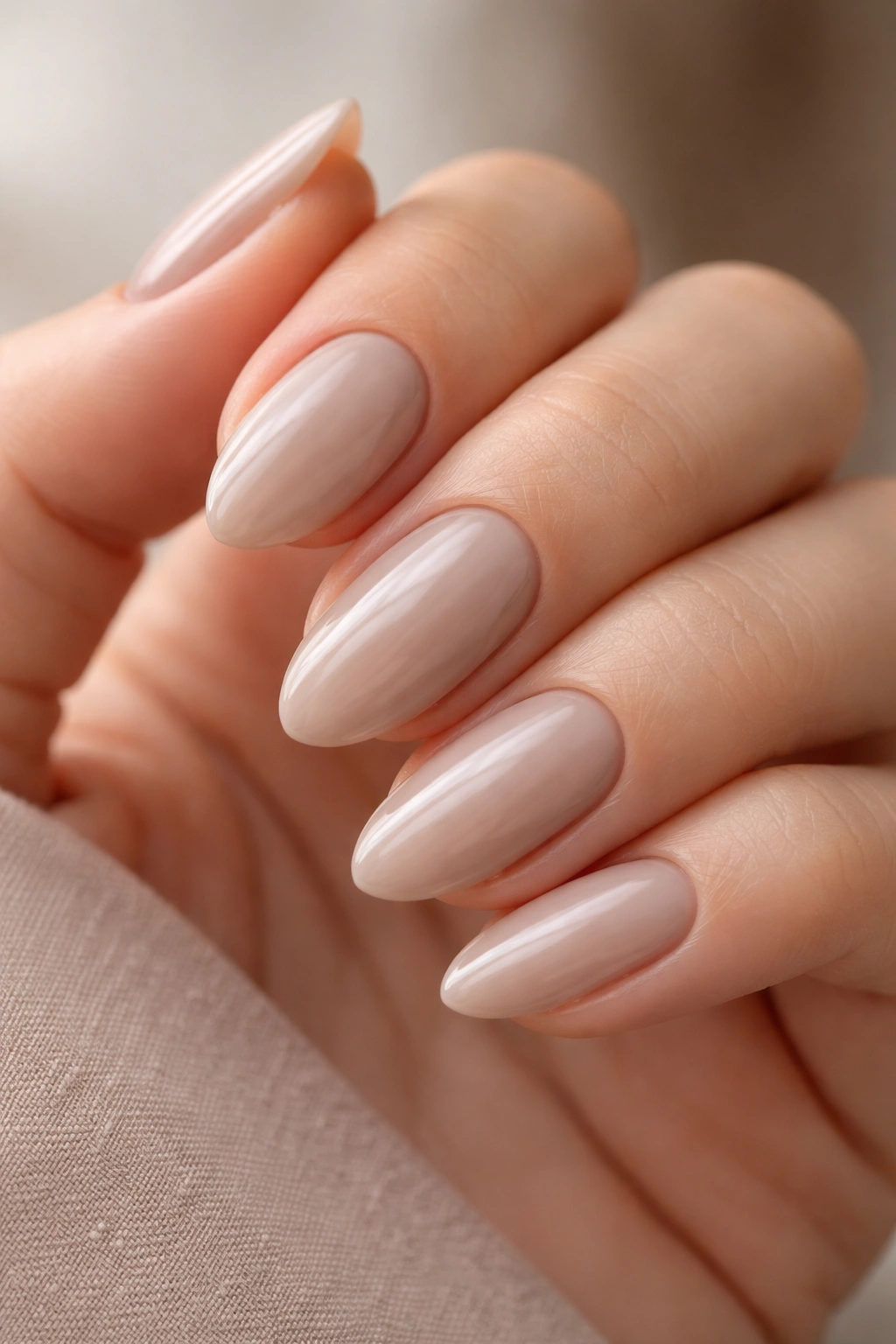 Close-up of short almond nails in milky taupe shade