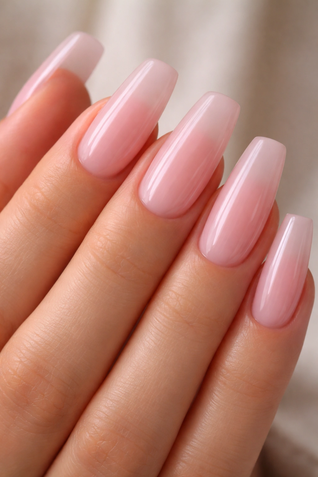 Milky translucent pink coffin nails close-up