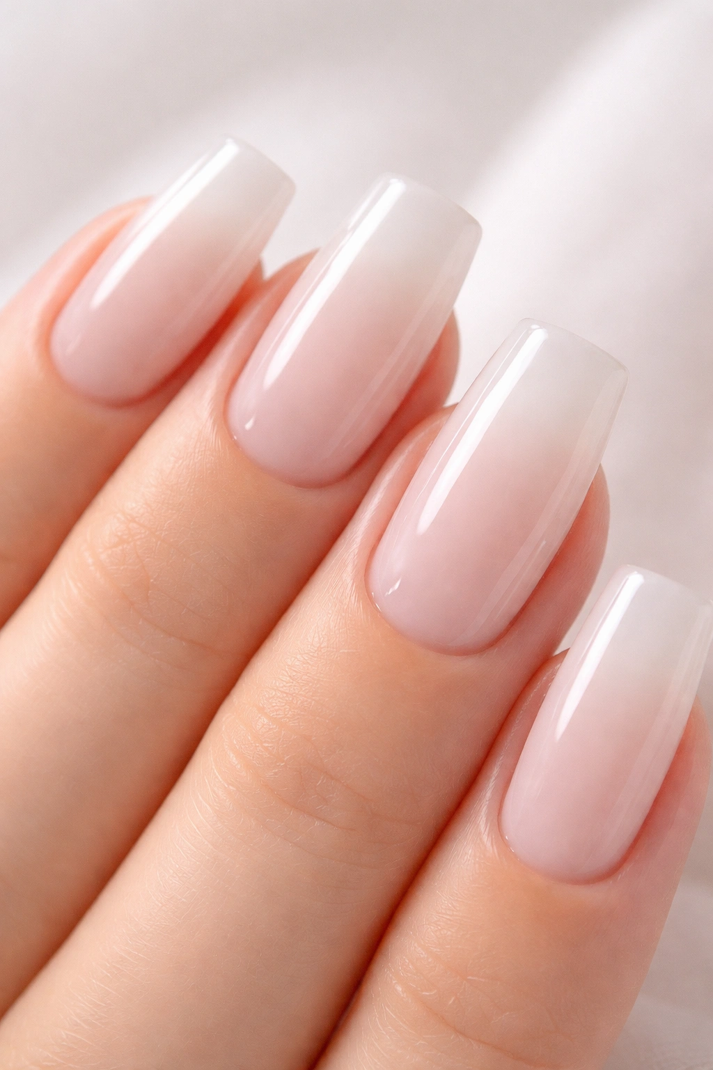 Milky translucent square nails with semi-sheer white polish.