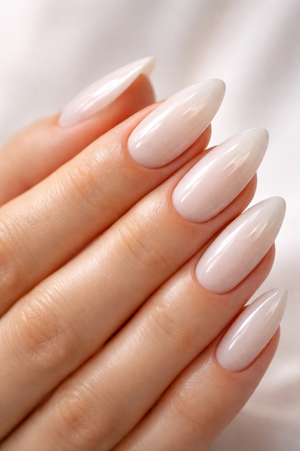 Close-up of milky white almond nails with glossy finish