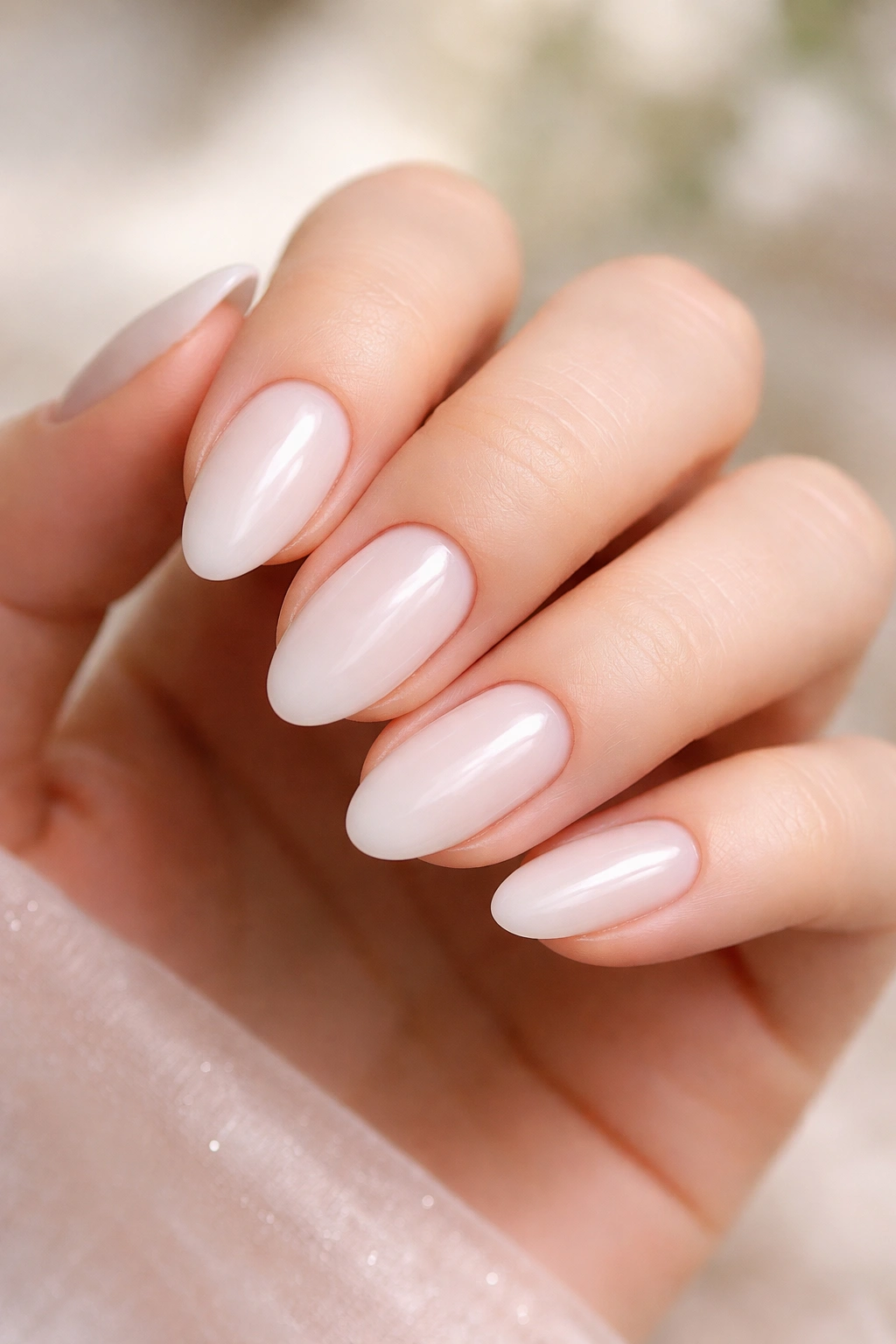 Close-up of milky white short almond nails with translucent finish