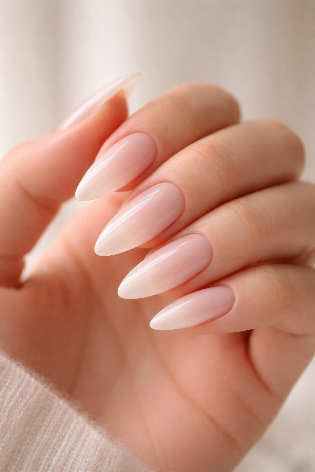 Milky white almond nails with translucent finish