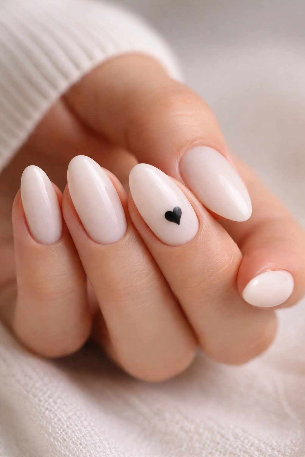 Close-up of milky white almond nails with a black heart detail