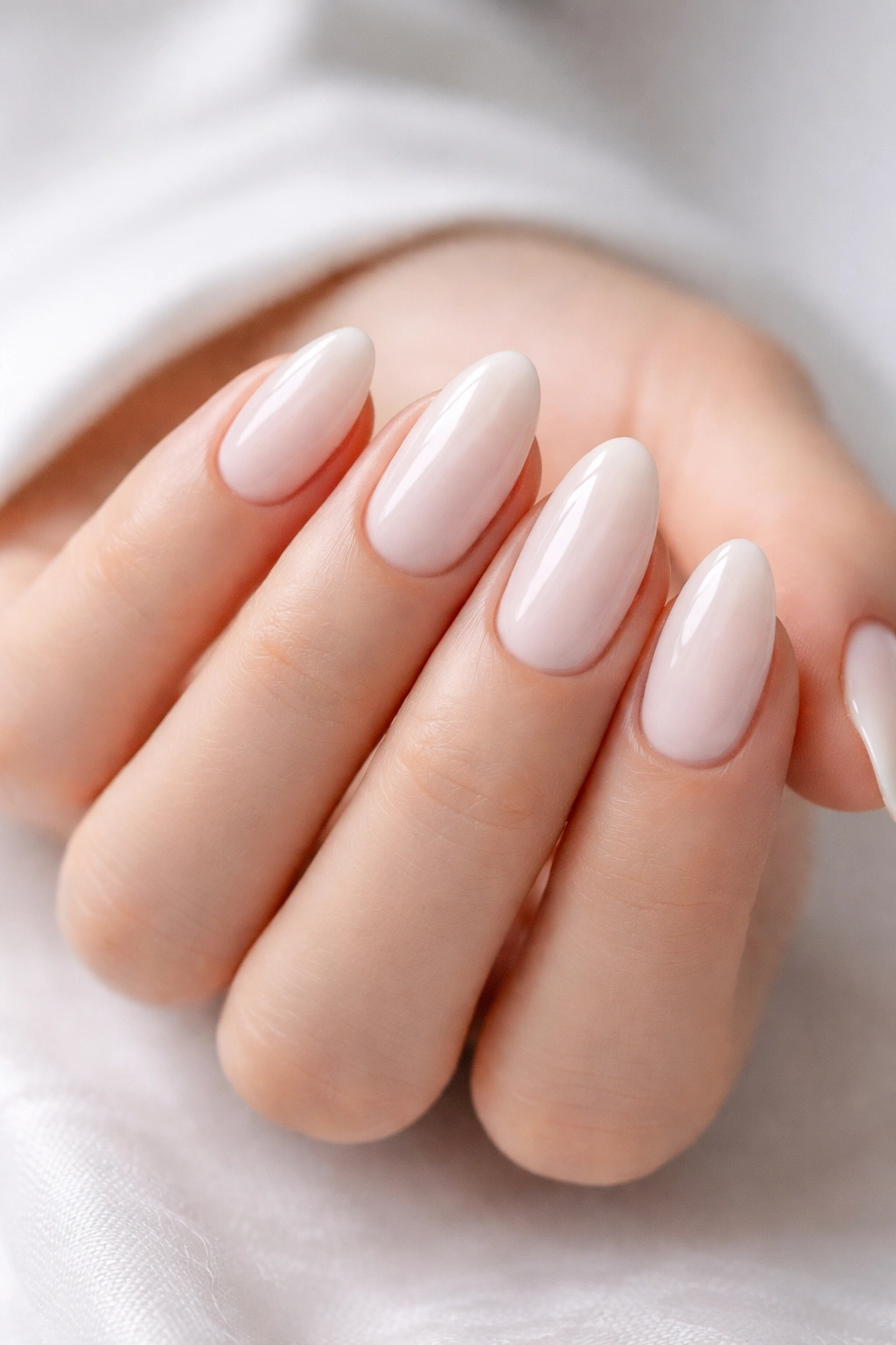 Milky white almond nails with semi-sheer polish