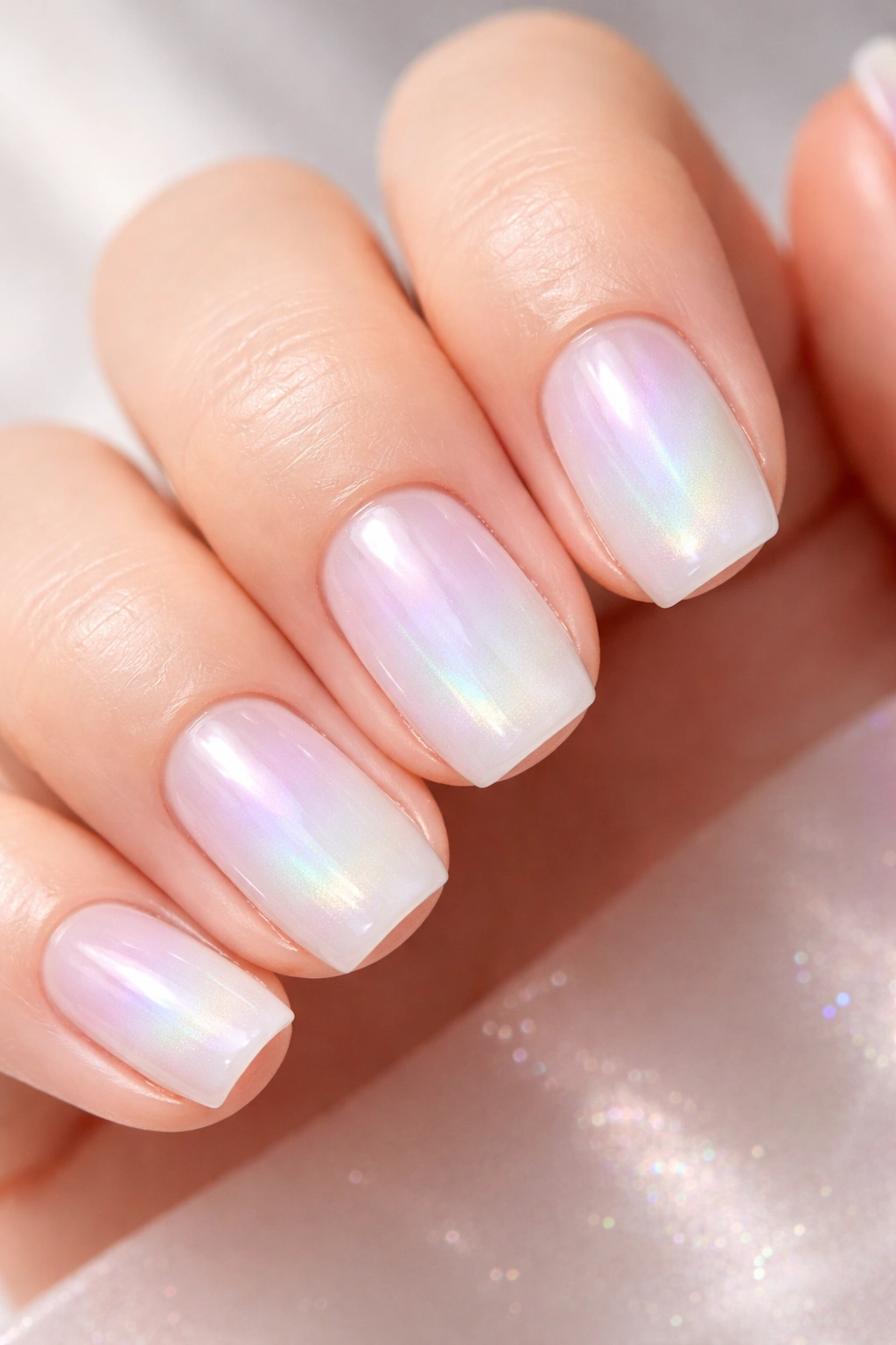 Close-up of short squoval nails with milky white base and iridescent aura