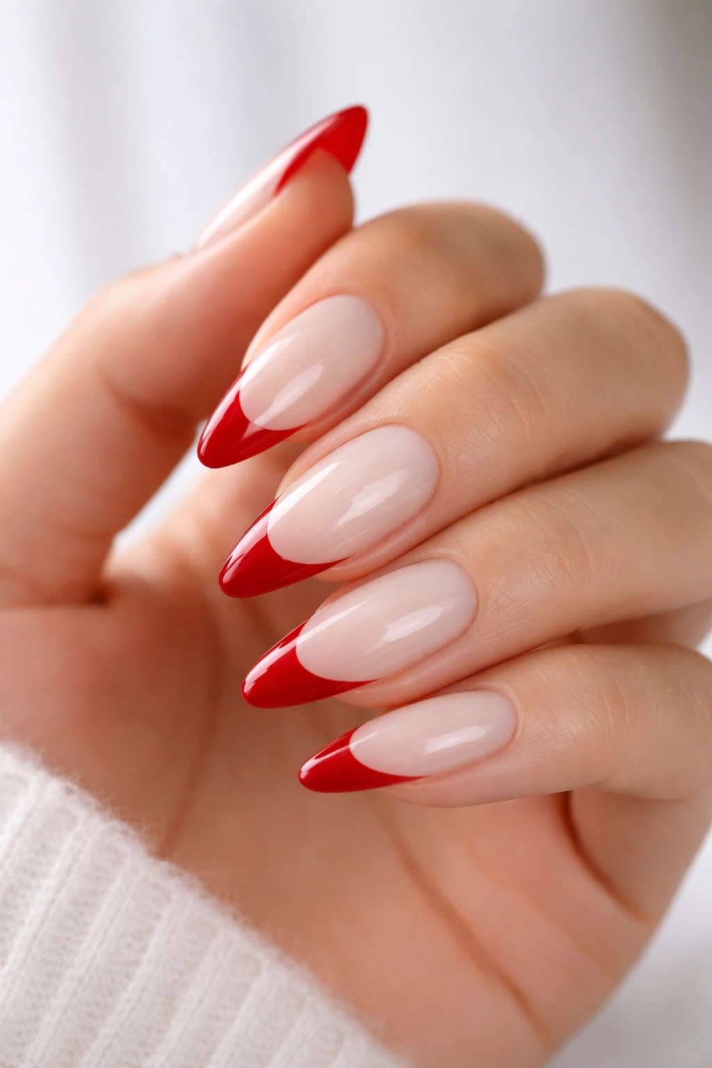 Close-up of almond nails with milky white base and red tips