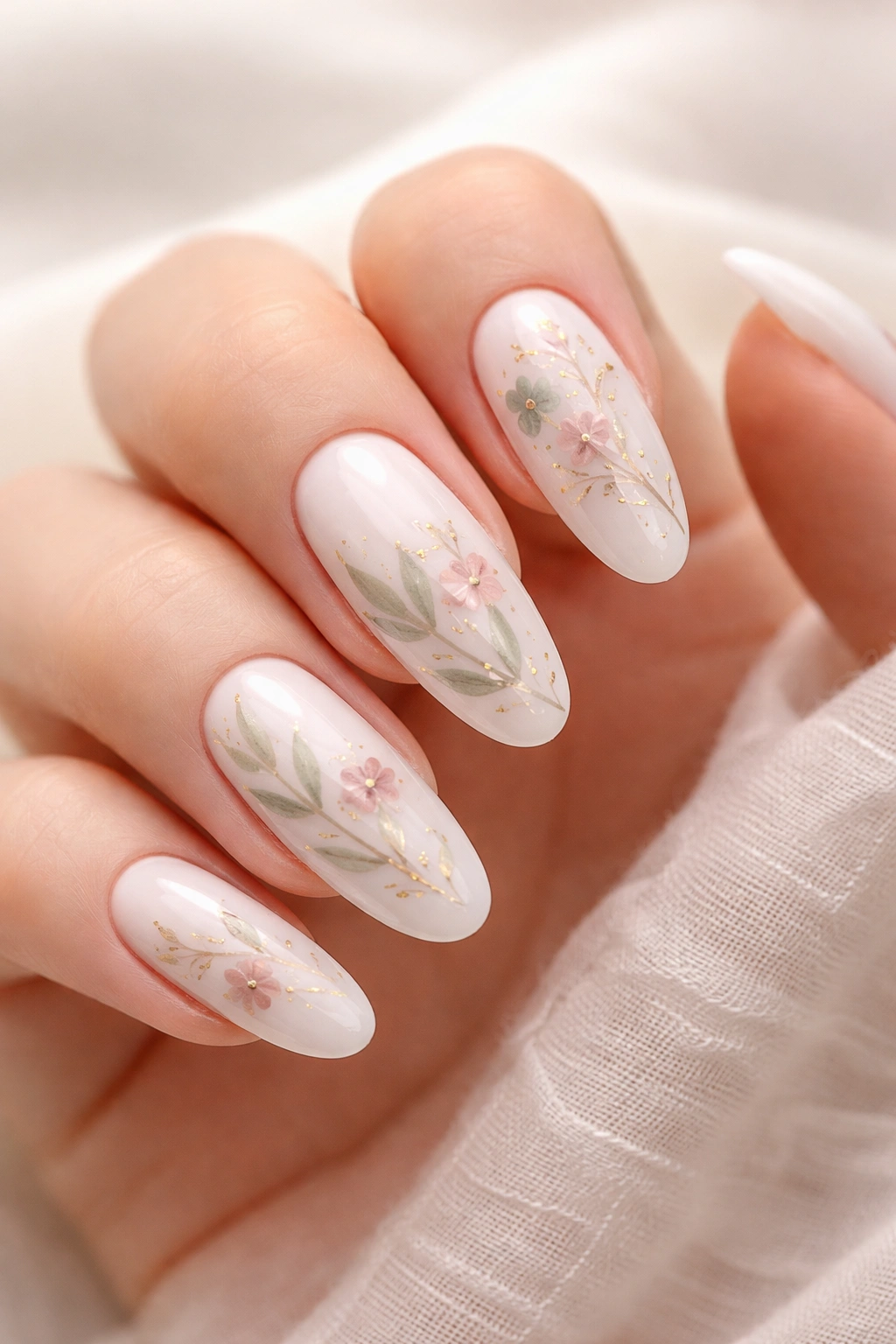 Milky white nails with delicate hand-painted botanicals