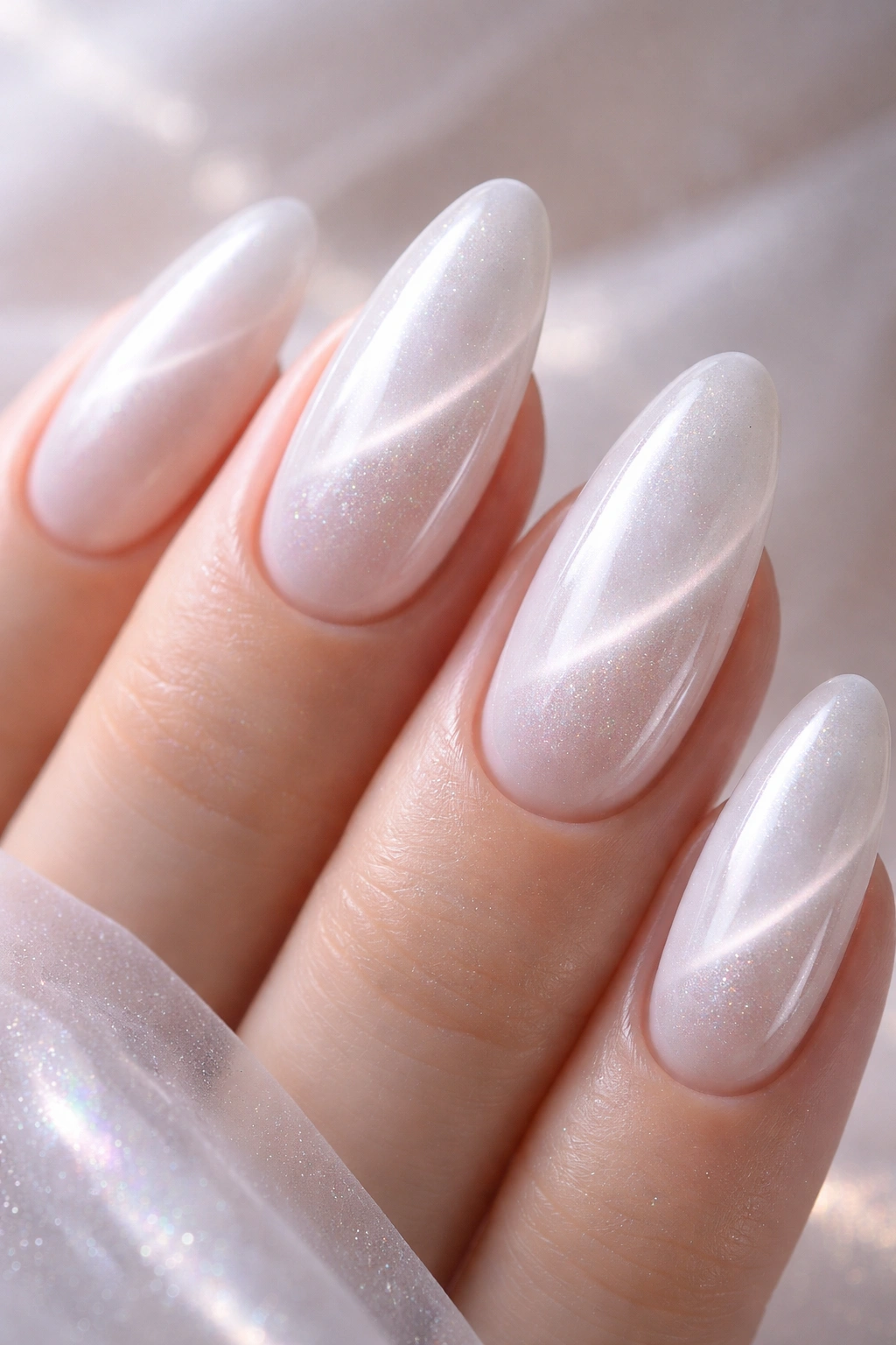 Milky white cat-eye nails with translucent base and subtle glow
