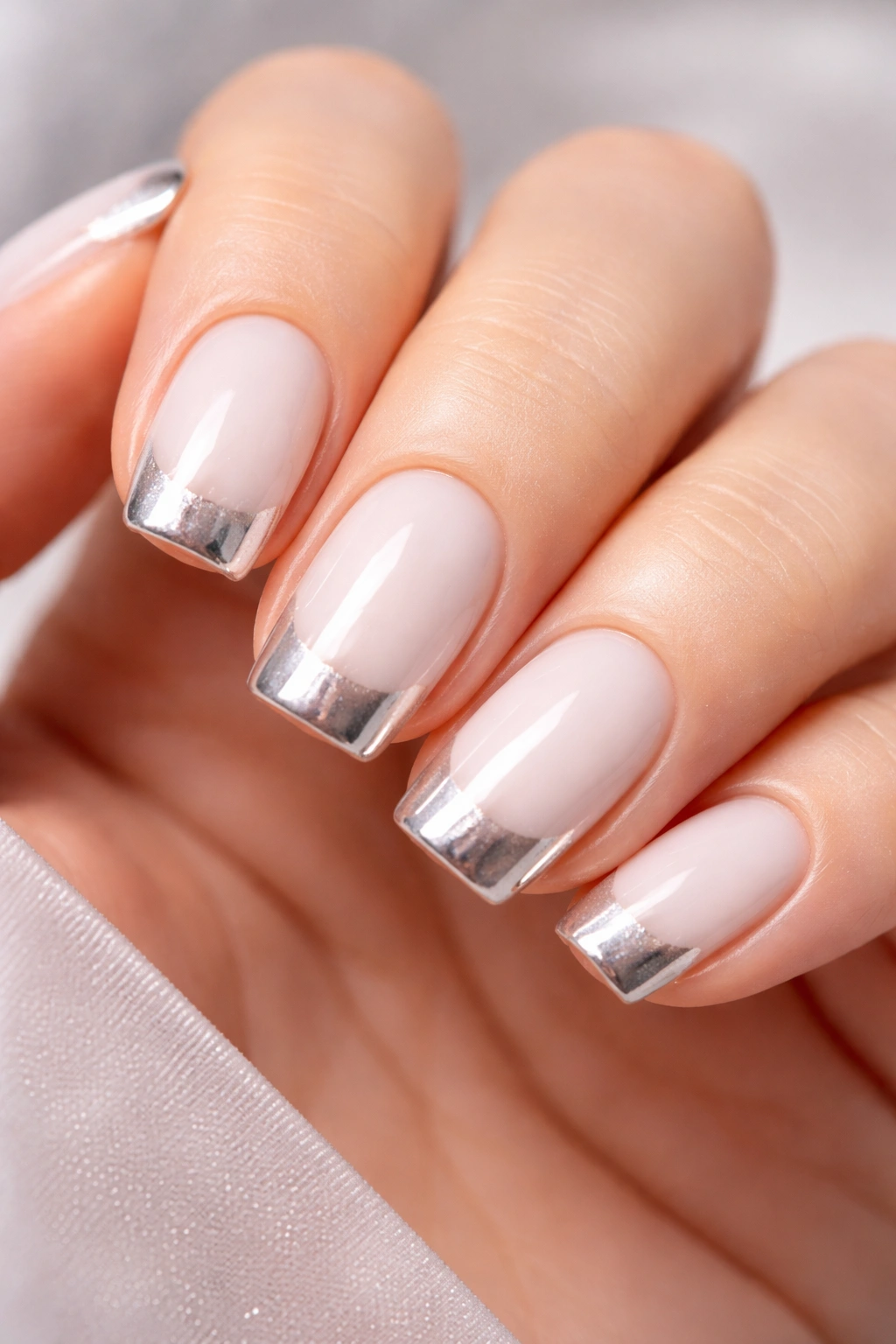 Close-up of milky white nails with chrome powder tips reflecting light.