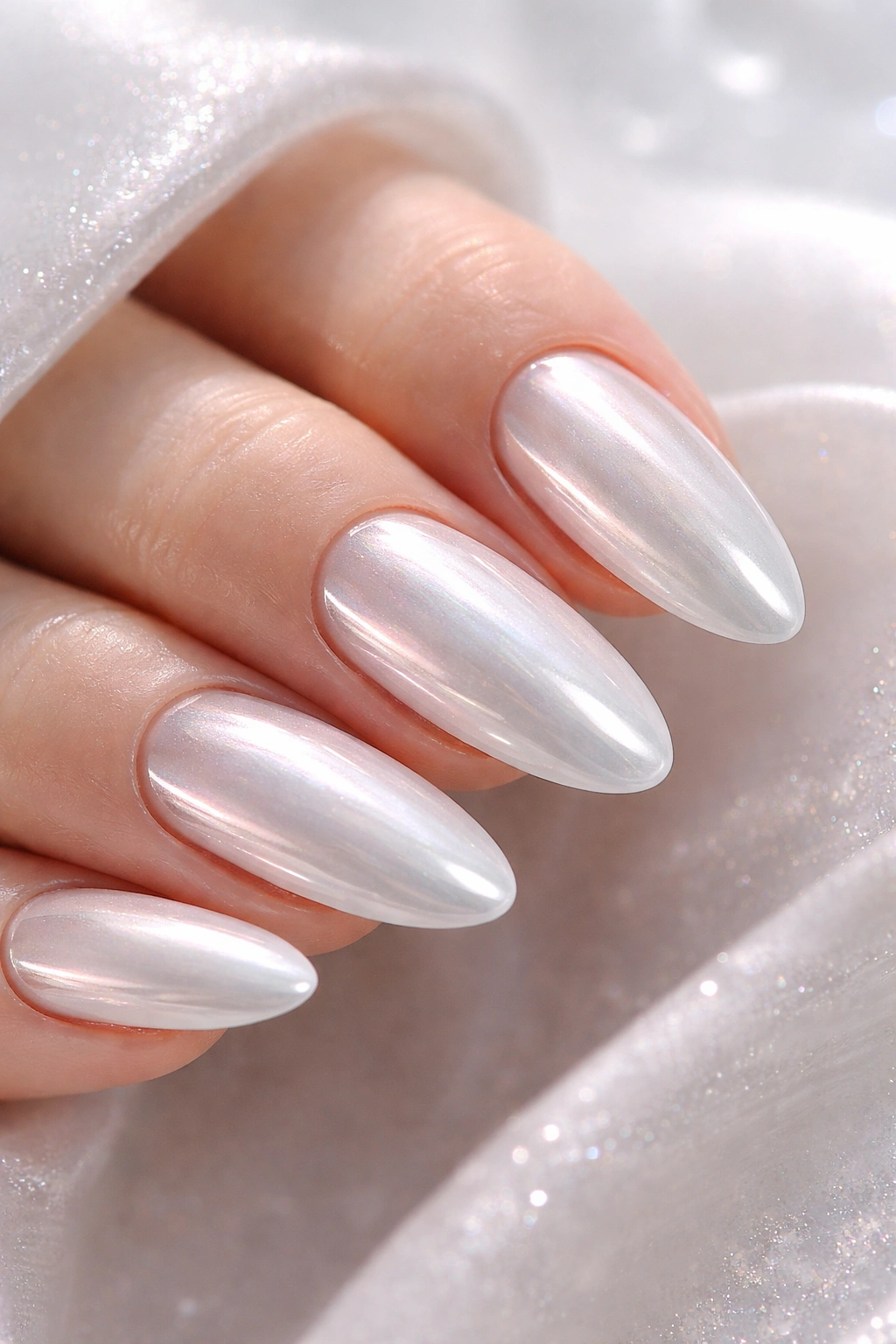 Milky white chrome nails with pearlescent sheen