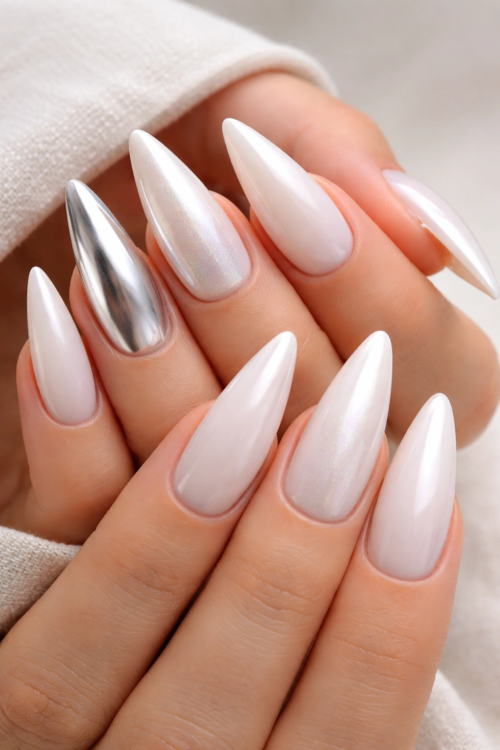 Milky white nails with pearl or chrome accent nails
