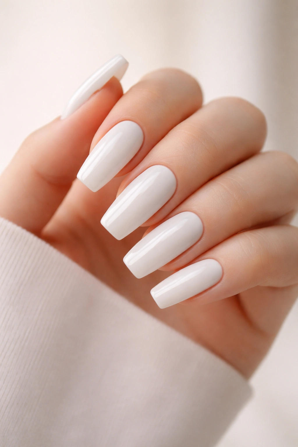 Close-up of coffin nails with pure milky white glossy finish on a neutral background