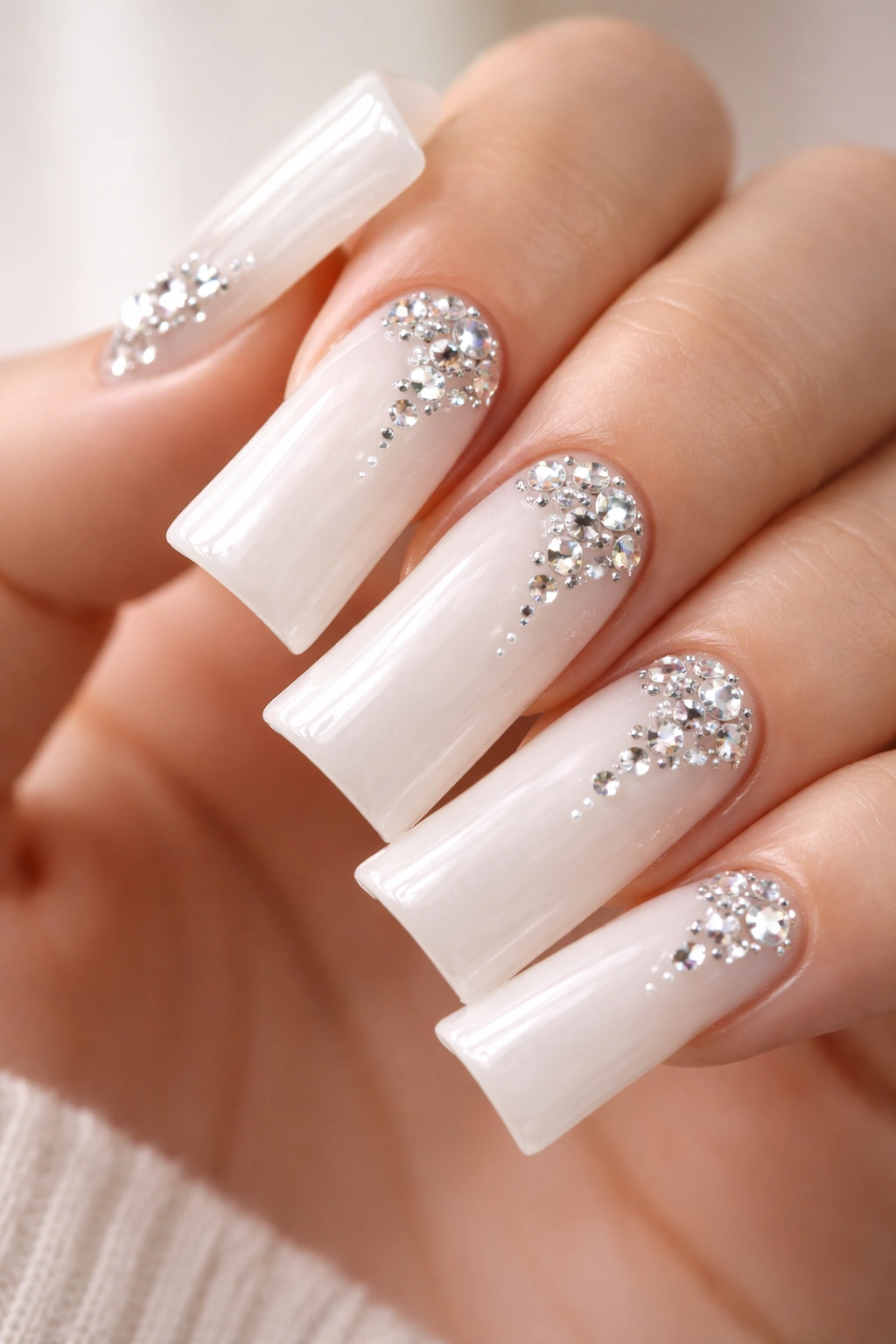 Milky white duck nail with crystal rhinestone accents