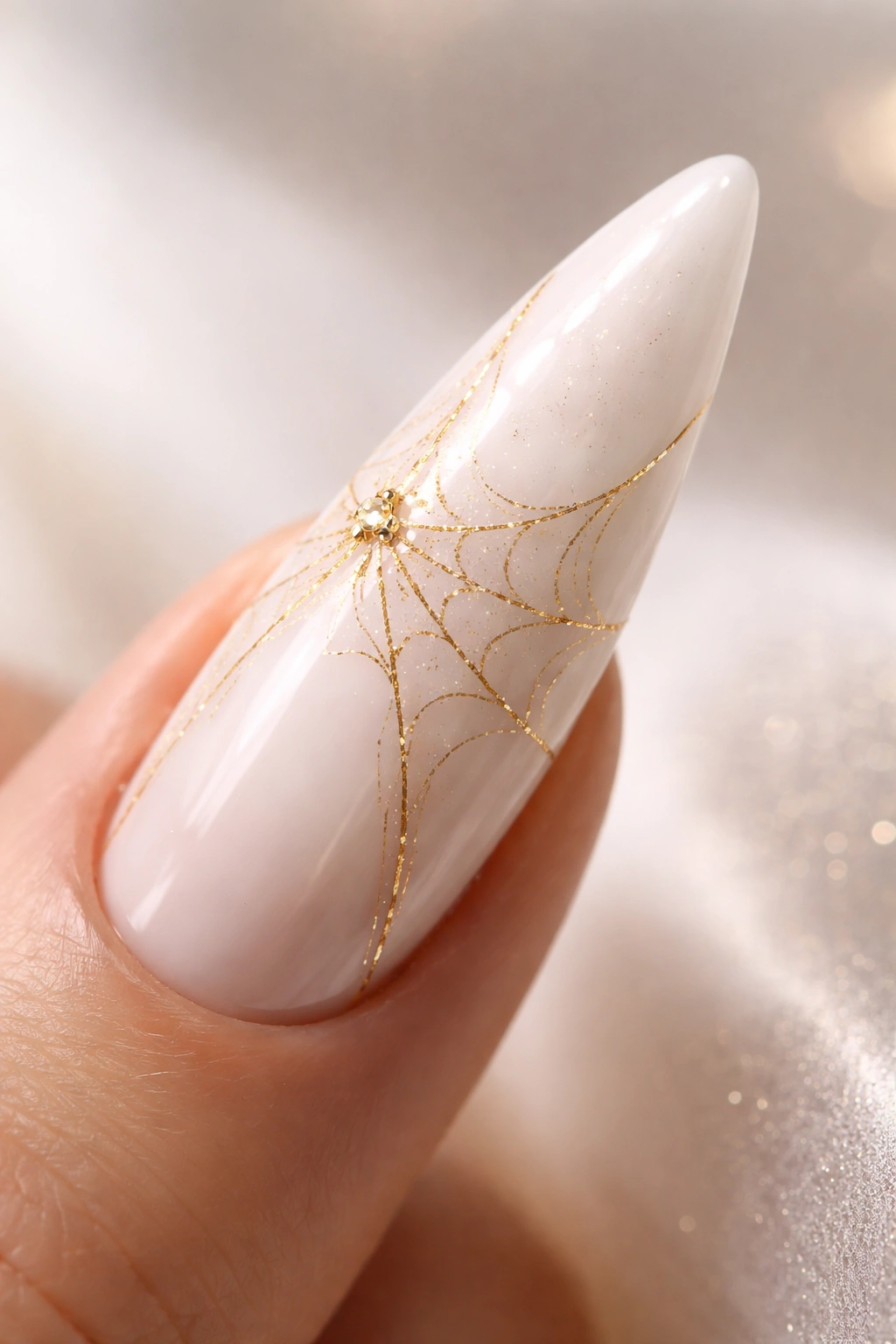 Milky white curved stiletto nail with delicate gold spider web design