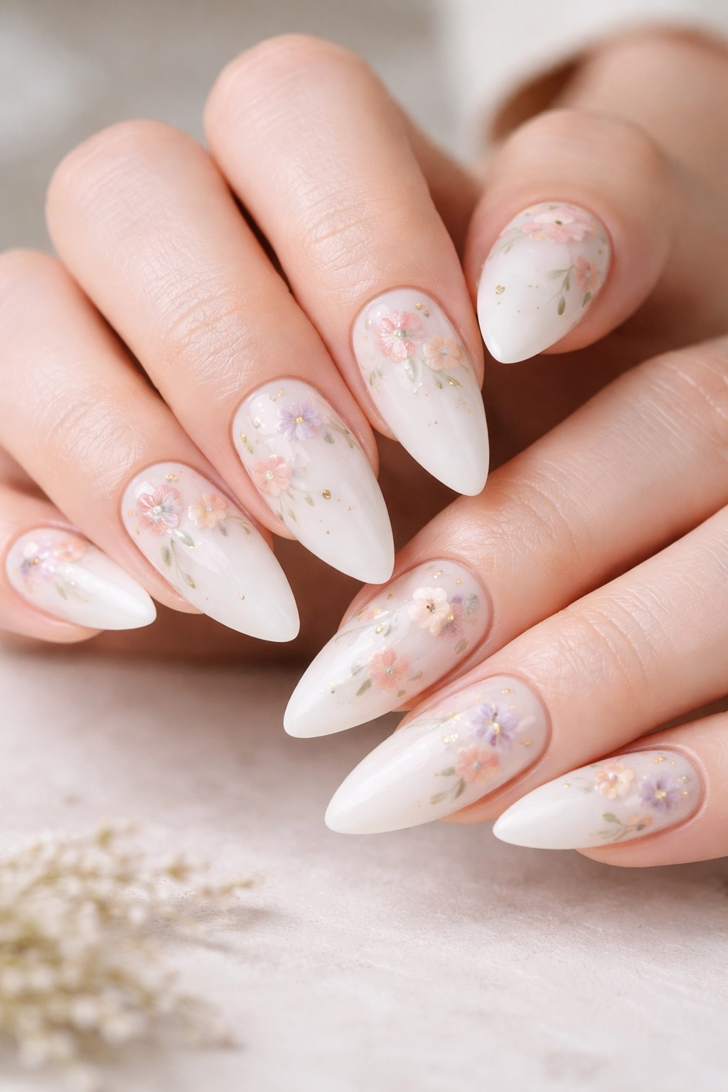 Milky white nails with tiny delicate flowers in muted colors